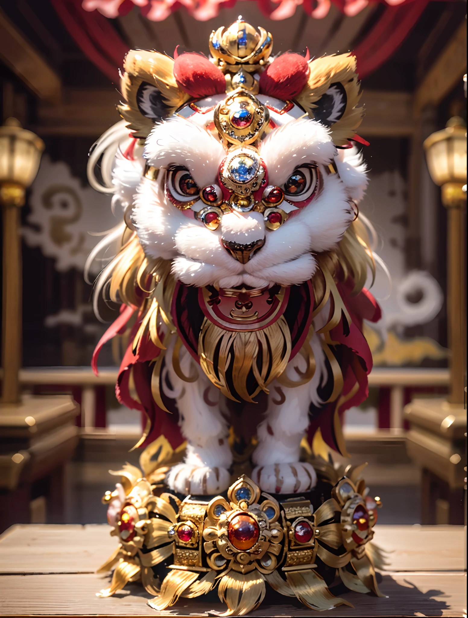 (best quality,4k,8k,highres,masterpiece:1.2),ultra-detailed,brass lion head sculpture on the table,exquisitely crafted,red gemstone eyes,blue gemstone forehead decoration,ornate and luxurious lion head artwork,Chinese elements,traditional culture,traditional craftsmanship,beautifully handcrafted,regal and majestic,sparkling gemstones,lifelike details,vibrant colors,shiny polished surface,decorative piece,East Asian heritage,Cultural heritage,antique,bronze sculpture,symbol of power and strength,traditional lion dance,eye-catching centerpiece,intricate design,authentic representation,impressive craftsmanship.