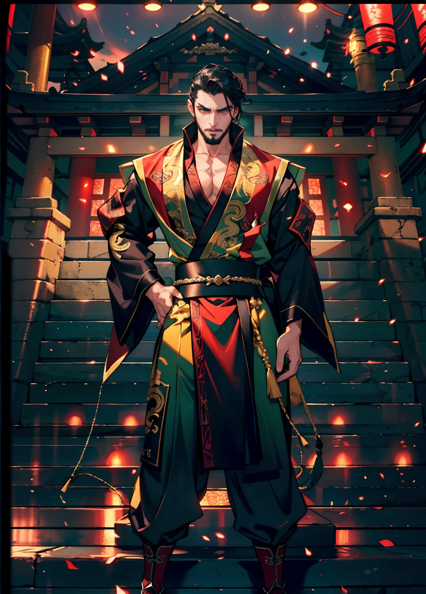 A middle-aged man of about 50 years old, neatly combed short hair slicked back, two strands of bangs hanging down, a beard, well-defined facial features, a loose two-piece fantasy-style Dao robe, has long sleeves, with black as the main color and red as the accent color in the design, loose trousers that match the outfit, standing in front of a traditional Chinese temple, under the night sky, this character embodies a finely crafted fantasy-style Chinese martial artist character in anime style, characterized by a sophisticated and mature manga illustration art style, high definition, best quality, highres, ultra-detailed, ultra-fine painting, extremely delicate, professional, anatomically correct, symmetrical face, extremely detailed eyes and face, high quality eyes, creativity, RAW photo, UHD, 8k, Natural light, cinematic lighting, masterpiece:1.5