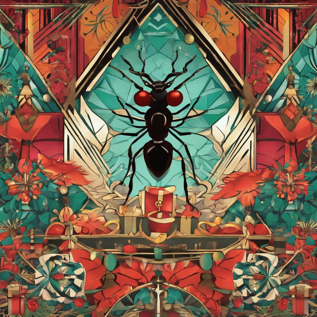 an ant in Christmas with many gifts