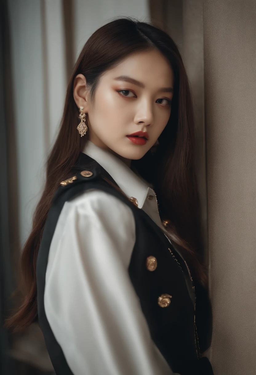 There is a woman wearing a jacket and belt and standing leaning against a wall, blackpink jennie, portrait of jossi of blackpink, BLACKPINK's Index(JISOO), jossi of blackpink, portrait jisoo blackpink, jisoo from blackpink, tzuyu from twice