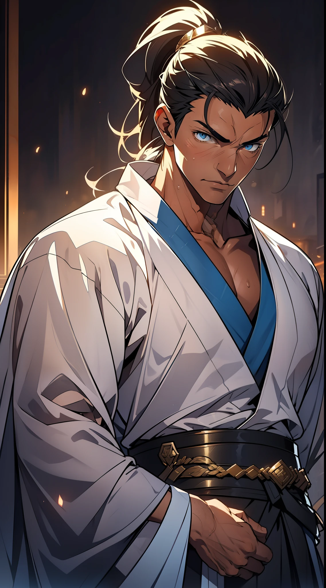quadratic element,style of anime,mtu(Male Warrior),The proportions are correct,Face details,swordsmen,High ponytail hairstyle,Neck details,There is an Adam's apple,White robe,kaftan,long white robe,clothes details,Handing over,longer sleeves,Game quality,Swordsmanship,Light and shadow tracking,Ray traching,detailed glow,cg render,hair detail,cabelos preto e longos,blue colored eyes,Handsome,Handsome,(juvenile sense),Clothing is complicated,Perfectcomposition,Refinement,high qulity,higher details,Lots of details,The background is complex,a sense of atmosphere,