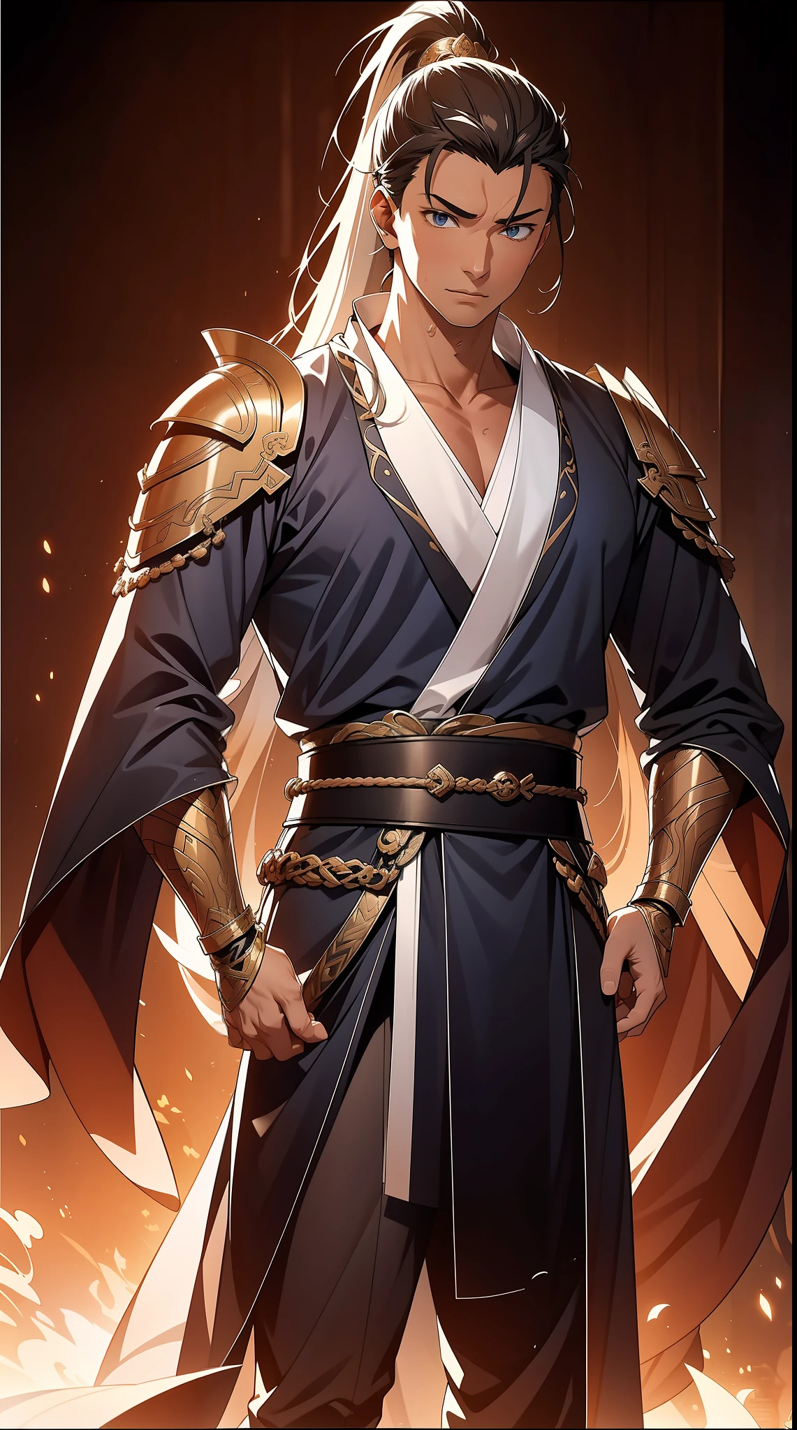 quadratic element，style of anime，mtu（Male Warrior），The proportions are correct，Face details，swordsmen，High ponytail hairstyle，Neck details，There is an Adam's apple，White robe，kaftan，long white robe，clothes details，Handing over，longer sleeves，Game quality，Swordsmanship，Light and shadow tracking，Ray traching，detailed glow，cg render，hair detail，cabelos preto e longos，blue colored eyes，Handsome，Handsome，（juvenile sense），Clothing is complicated，Perfectcomposition，Refinement，high qulity，higher details，Lots of details，The background is complex，a sense of atmosphere，