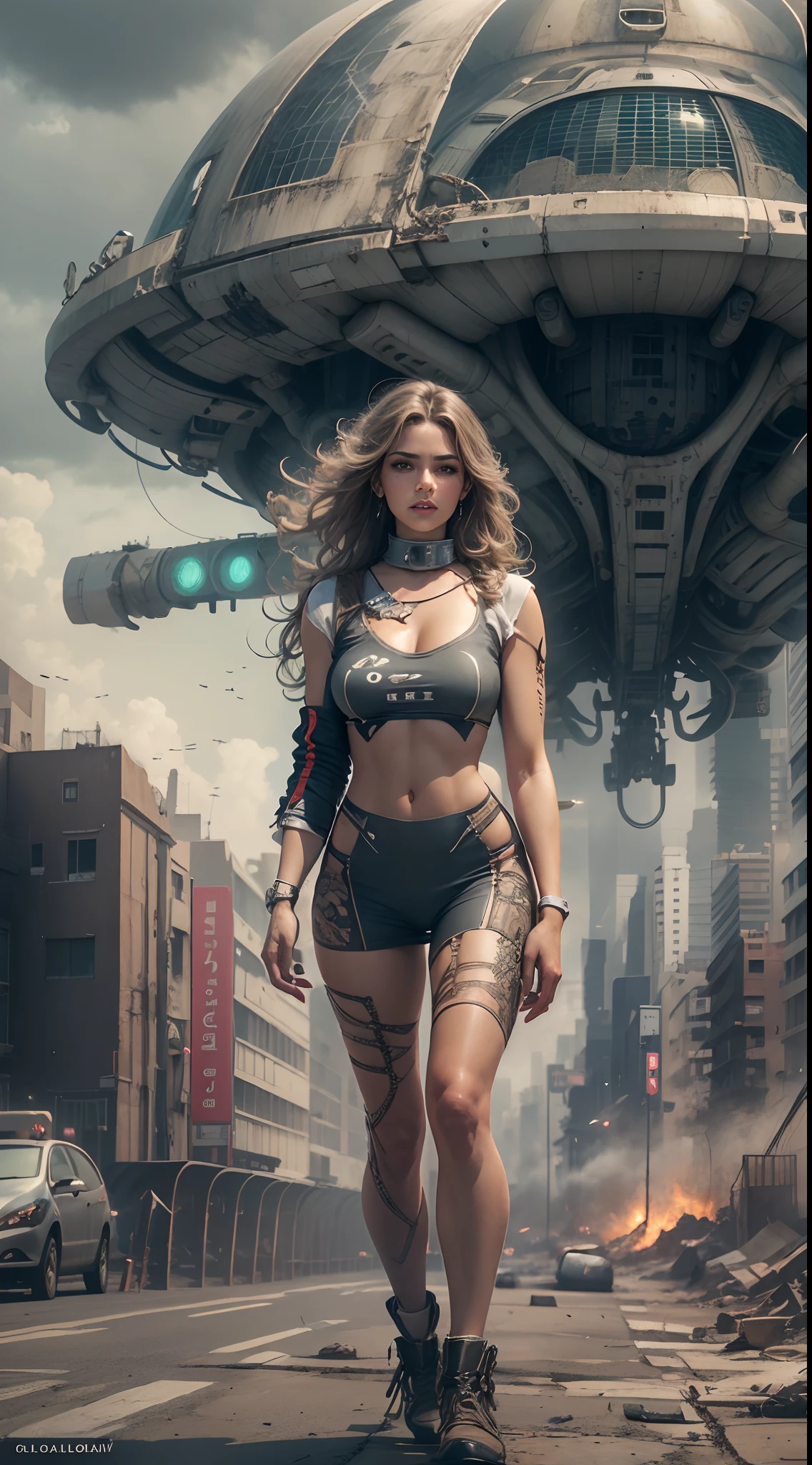 motor irreal:1.4,UHD,La mejor calidad:1.4, fotorrealista:1.4, textura de la piel:1.4, obra maestra:1.8,(Hermosa mujer posando para la foto),Alien invasion, Apocalyptic city of fire, platillos voladores ufo,vestuario sexual,Detallado:1.4,(manos Detailed:1.4),
