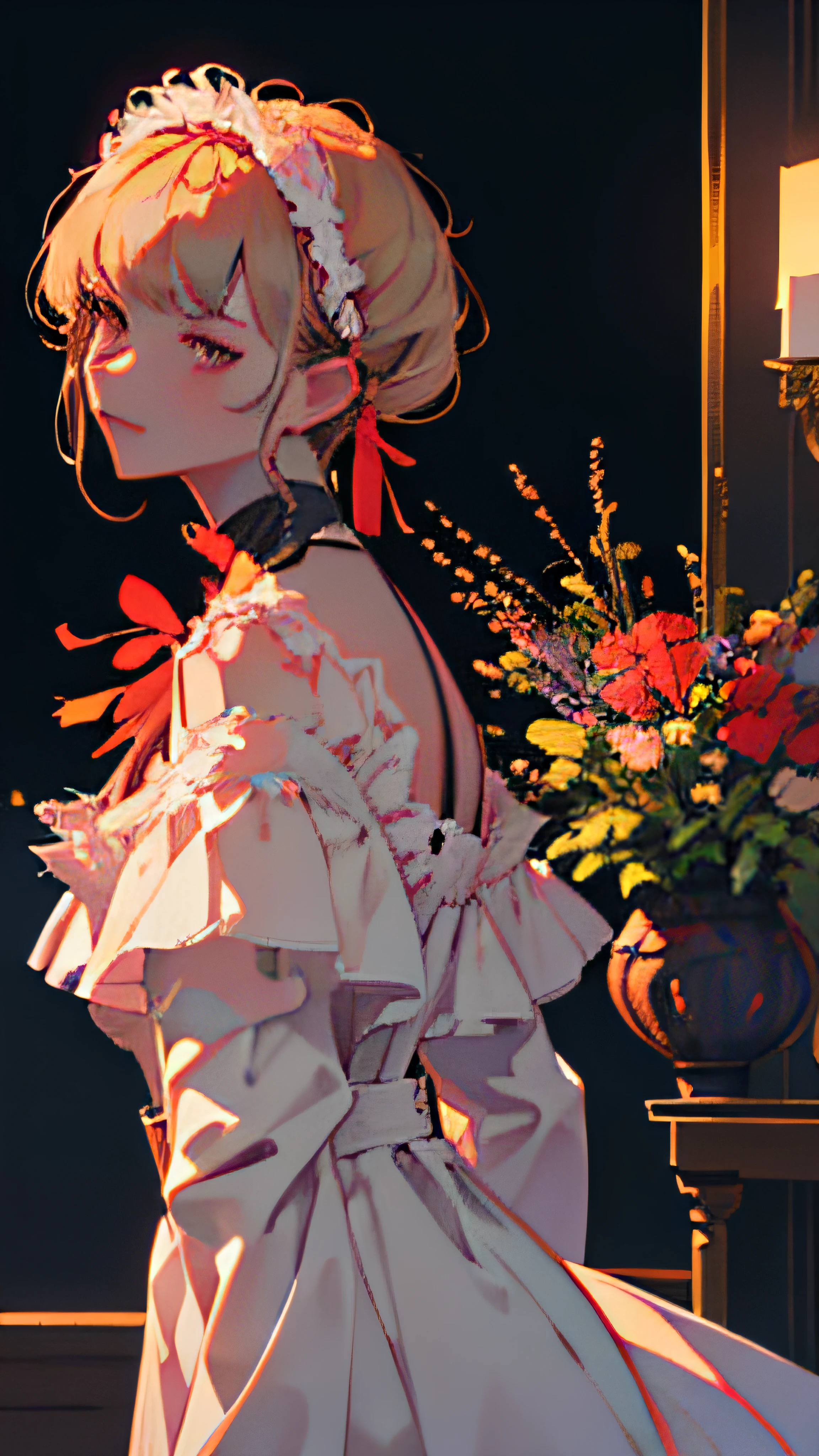 Extremely delicate and beautiful, Amazing, finedetail, Masterpiece, Ultra-detailed, A high resolution,Best Illustration, Best shadow,Intricate,Sharp focus, High quality, 1male people, Solo, blond hairbl. Red eyes, Kavi Genshin Impact, Florist façade, Flowers in pots, Flowers for sale