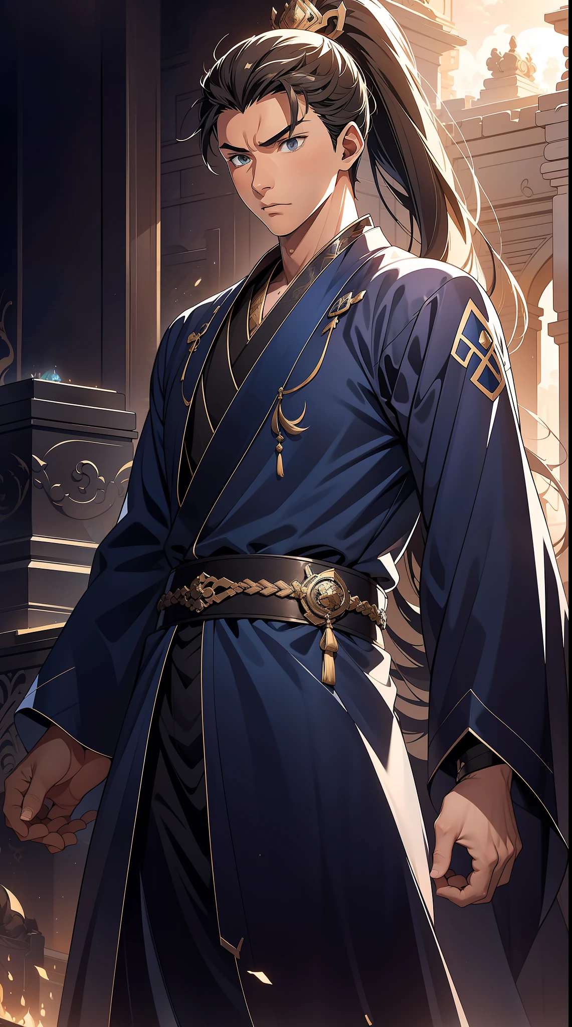 quadratic element，style of anime，mtu（Male Warrior），The proportions are correct，Face details，swordsmen，High ponytail hairstyle，Neck details，There is an Adam's apple，Blue suit，kaftan，long blue robes，clothes details，Handing over，longer sleeves，Game quality，Swordsmanship，Light and shadow tracking，Ray traching，detailed glow，cg render，hair detail，Black long hair，blue colored eyes，Handsome，Handsome，（juvenile sense），Clothing is complicated，Perfectcomposition，Refinement，high qulity，higher details，Lots of details，The background is complex，a sense of atmosphere，