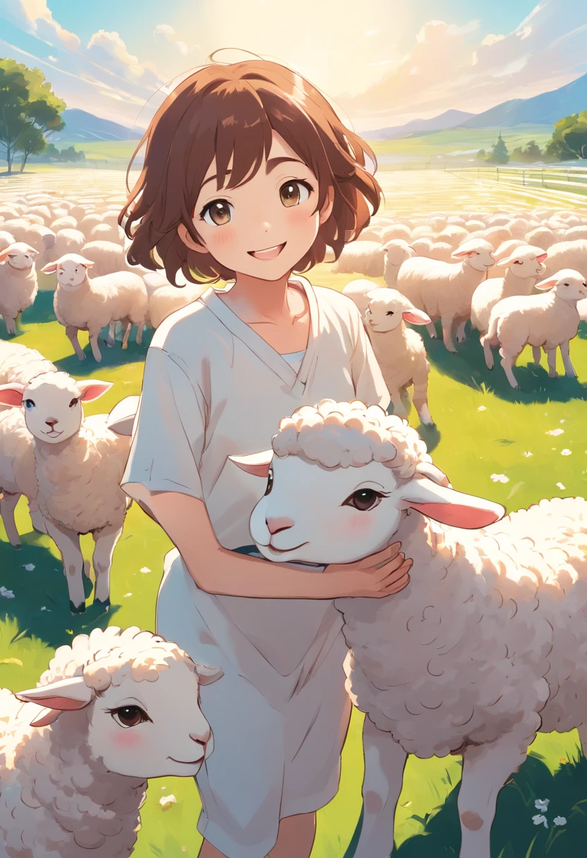 Cartoon lambs、Simple line art、Simple illustration、thick line art、2D、Line drawing in anime style、White lamb, Smiling lamb、Cute lamb, cute animal, curlies、White Simple Background
