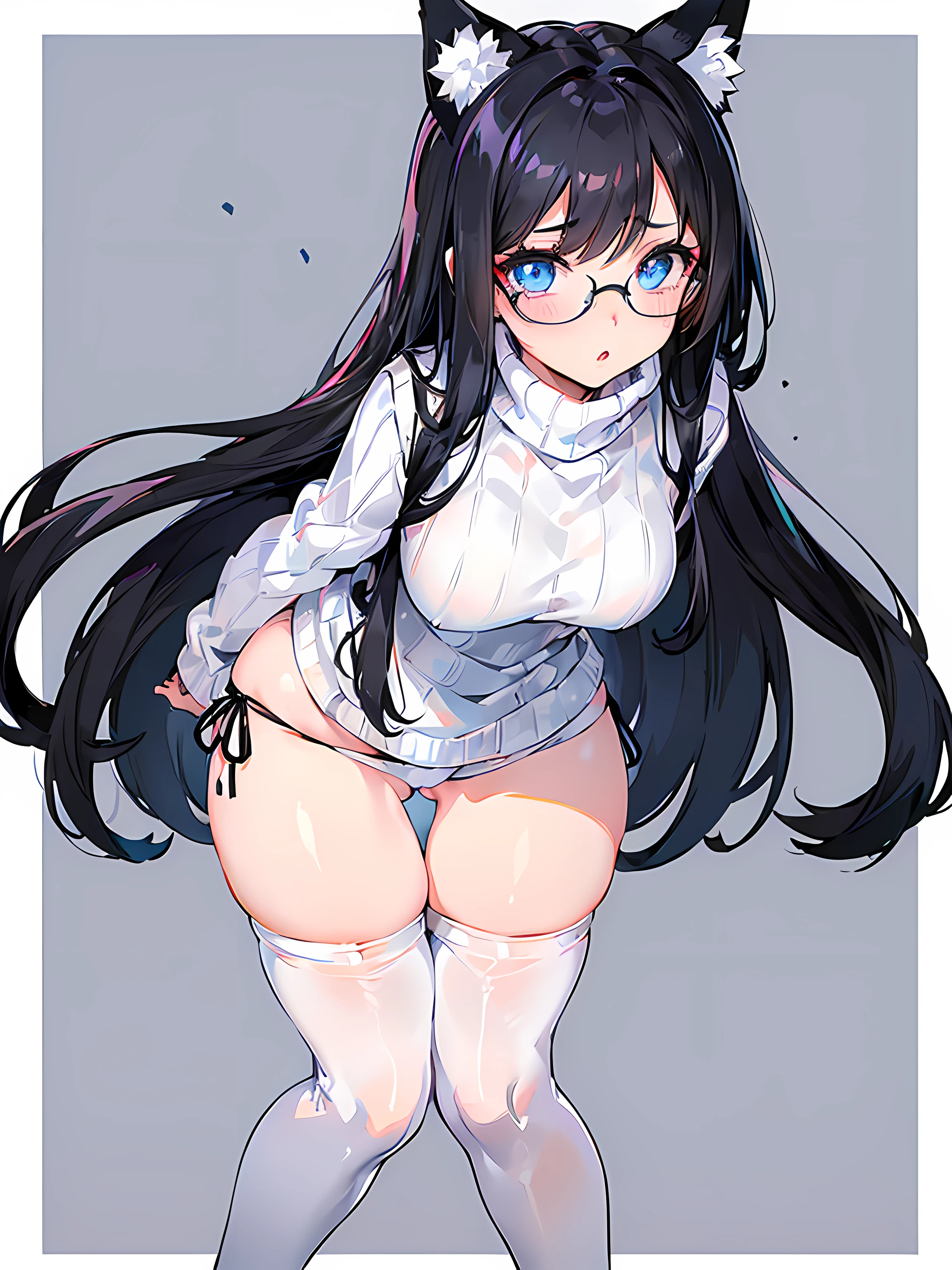 (((solo))), (((1 girl))) (((anime adult woman in a WHITE turtleneck cotton sweater outfit))), (((beautiful detailed eyes))), (((blue eyes))) (((parted lips))), (((black cat ears))), (((black hair))), (black messy hair), (((blushing))), ((embarrassed)), (((flustered))) ((standing)), (((knees together feet apart pose))), (((crossed arms))), anime moe artstyle, with glasses, (((with WHITE thigh highs))), (((no shorts))), ((showing black panties)), (((WHITE thigh highs socks))), ((covering panties with sweater)), spectacled, with BLACK glasses on, attractive anime girl, white background, (perfect hands, perfect anatomy), (front pov) (((full body)))