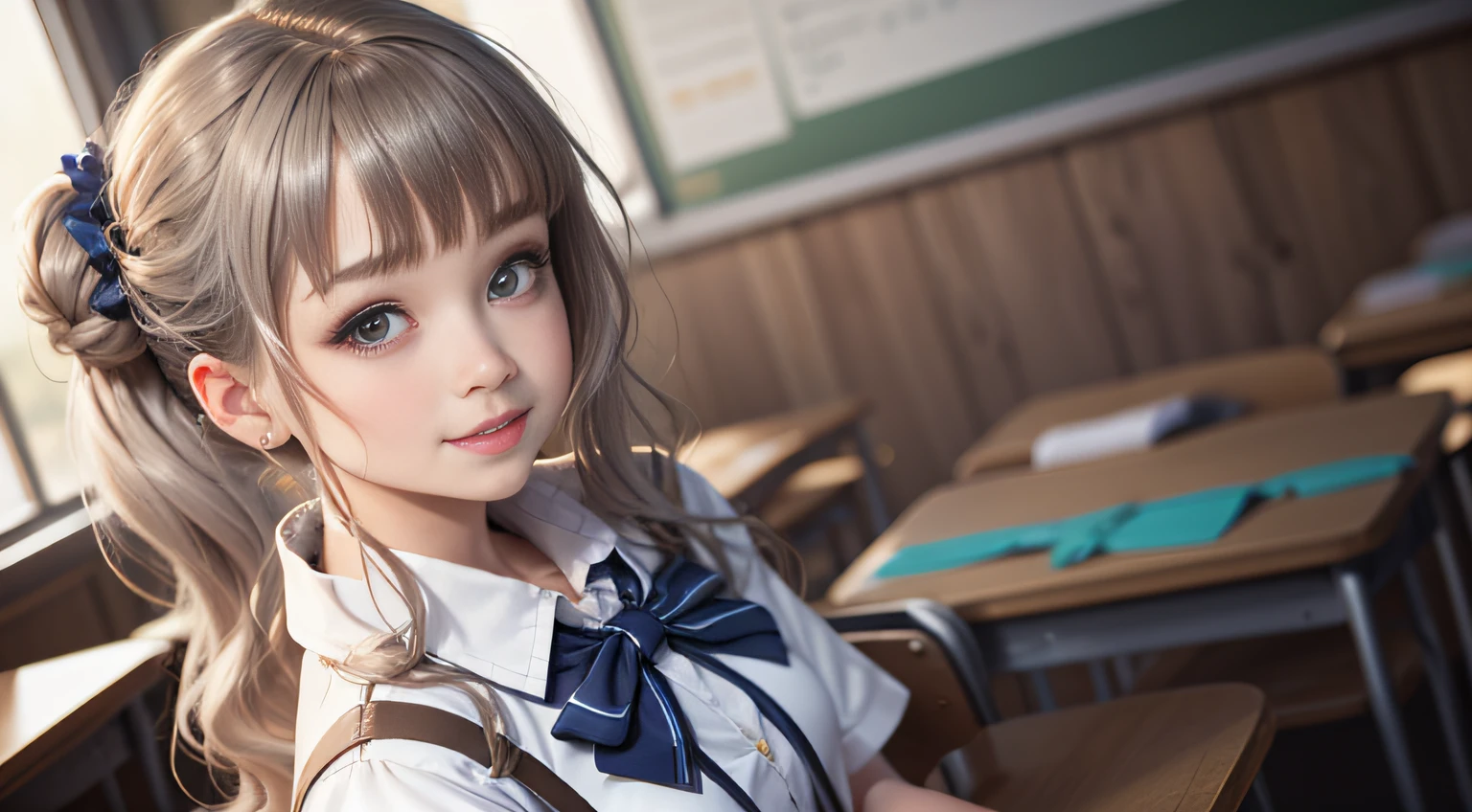 （Sitting on a chair in a school classroom）、（2３Beautiful girl of years old）,（ Each person is seated）Blonde hair, Silver hair, Brown hair, Black hair, braid, Bangs, Blunt bangs, braided ponytails, hair over shoulder, Long hair, Ponytail, braided bun, hair one side up, Low ponytail, Hairpin, shairband, bow ribbon, hair scrunchie, white hairband, Head Leasing, aqua eyes, wide eyes, PUPILS SPARKLING, wide eyed, makeup, Open mouth, Smile, lightsmile, Parted lips, smiley, glint, Ashcan School, surrealism, One-person viewpoint, Sideways,（ wide angles）, F/1.8, １35 mm, canon, nffsw, retinas, masutepiece, ccurate, Anatomically correct, Textured skin, Super Detail, high details, High quality, Best Quality, hight resolution, （1080p）, hard disk, 4K, 8K、（２People Girls）Short sleeve、White blouses、Dark blue edging、Collar shirt、Ribbon Ties、Knee-length skirt、Skirt with folds、Navy Inspire、Nauticle Color、（Japanese schoolgirl outfit）、Blazer style uniform、