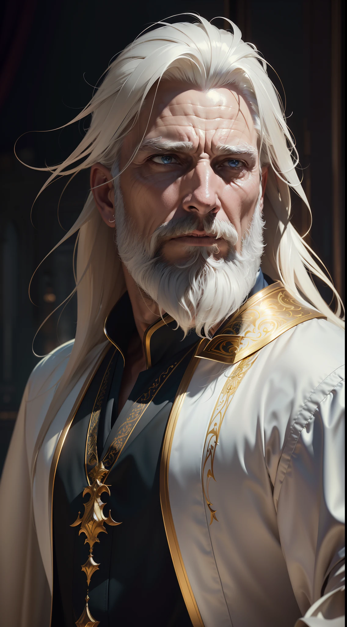 (masterpiece), (extremely intricate), photorealistic photo of a handsome male wizard, short beard, white wizard shirt with golden trim, white robe moving in the wind, long white hair, fully clothed, perfect face, handsome, (perfect composition:1.4), deviantart hd, artstation hd, concept art, detailed face and body, award-winning photography, margins, detailed face, professional oil painting by Ed Blinkey, Atey Ghailan, Jeremy Mann, Greg Manchess, Alex Gray, trending on ArtStation, trending on CGSociety, intricate, high detail, sharp focus, dramatic, award winning matte drawing cinematic lighting octane render unreal engine volumetrics dtx