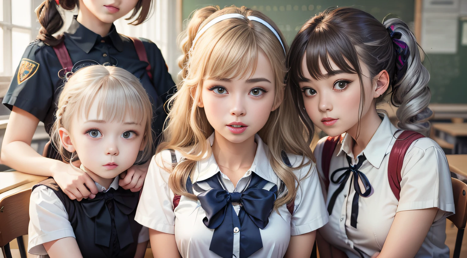 (Sitting on a chair in a school classroom)、(2、18 year old beautiful girl),( Each person is seated)Blonde hair, Silver hair, Brown hair, Black hair, braid, Bangs, Blunt bangs, braided ponytails, hair over shoulder, Long hair, Ponytail, braided bun, hair one side up, Low ponytail, Hairpin, shairband, bow ribbon, hair scrunchie, white hairband, Head Leasing, aqua eyes, wide eyes, PUPILS SPARKLING, wide eyed, makeup, Open mouth, Smile, lightsmile, Parted lips, smiley, glint, Ashcan School, surrealism, One-person viewpoint, Sideways,( wide angles), F/1.8, 135 mm, canon, nffsw, retinas, masutepiece, ccurate, Anatomically correct, Textured skin, Super Detail, high details, High quality, Best Quality, hight resolution, (1080p), hard disk, 4K, 8K、(2People Girls)Short sleeve、White blouses、Dark blue edging、Collar shirt、Ribbon Ties、Knee-length skirt、Skirt with folds、Navy Inspire、Nauticle Color、(Japanese schoolgirl outfit)、Blazer style uniform、