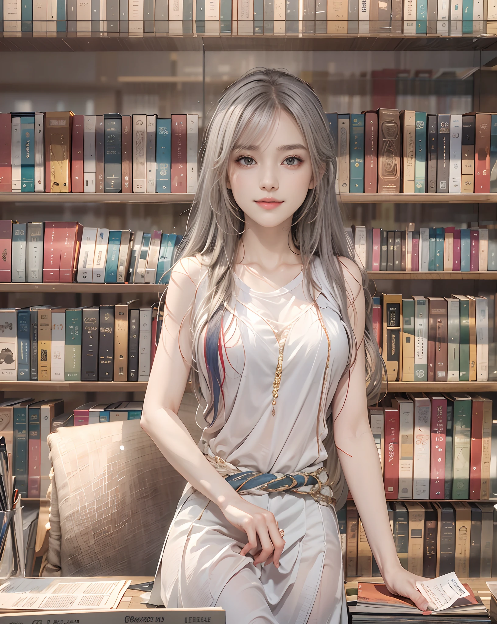 masutepiece、hight resolution、Library Reception、Library staff、scrivener、30-year-old girl、1Girl clerk、Looking at the camera、smil、Finish as shown in the photo、the skin is white and beautiful、Hair is long and beautiful、inner colored、Hair should be tied back、A slender