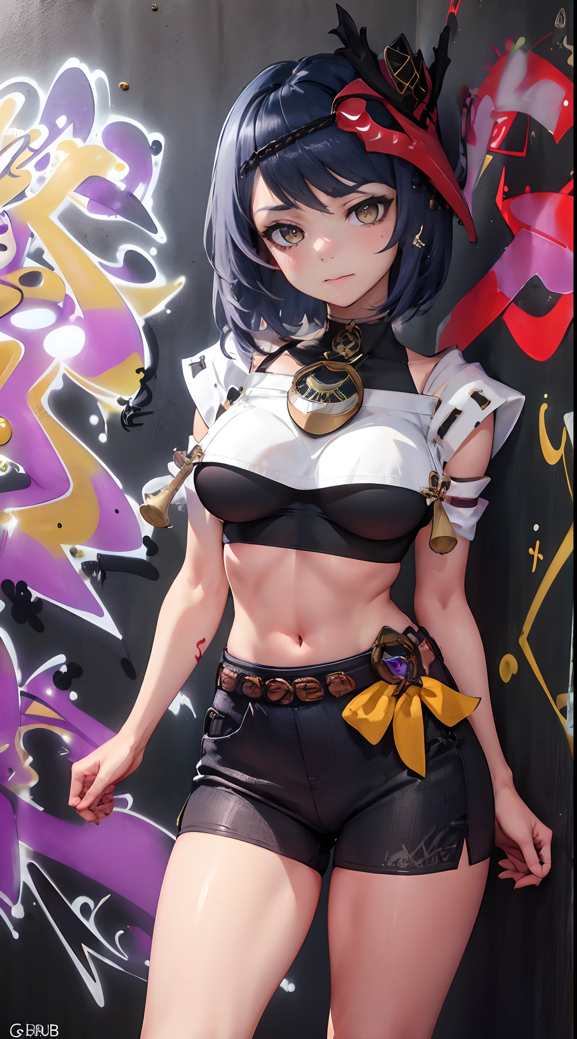 Kujou Sara Genshin Effect, masterpiece, bestquality, 1girls, oversized breasts, bara, crop top, choker, (Graffiti:1.5), Splash with purple lightning pattern., arm behind back, against wall, View viewers from the front., Thigh strap, Head tilt, bored, water eyes,