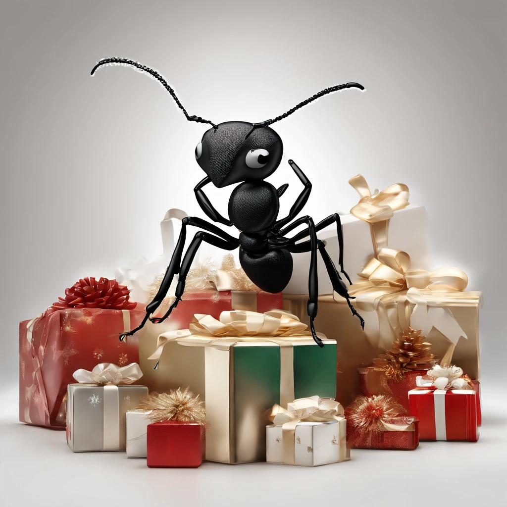 an ant in Christmas with many gifts