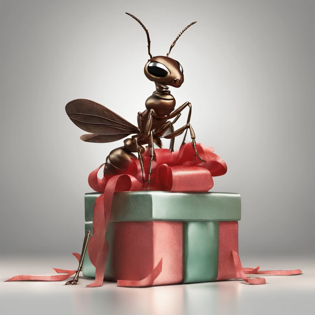 an ant in Christmas with many gifts