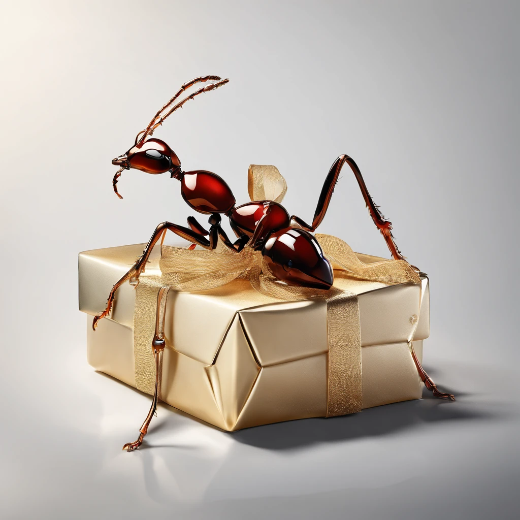an ant in Christmas with many gifts