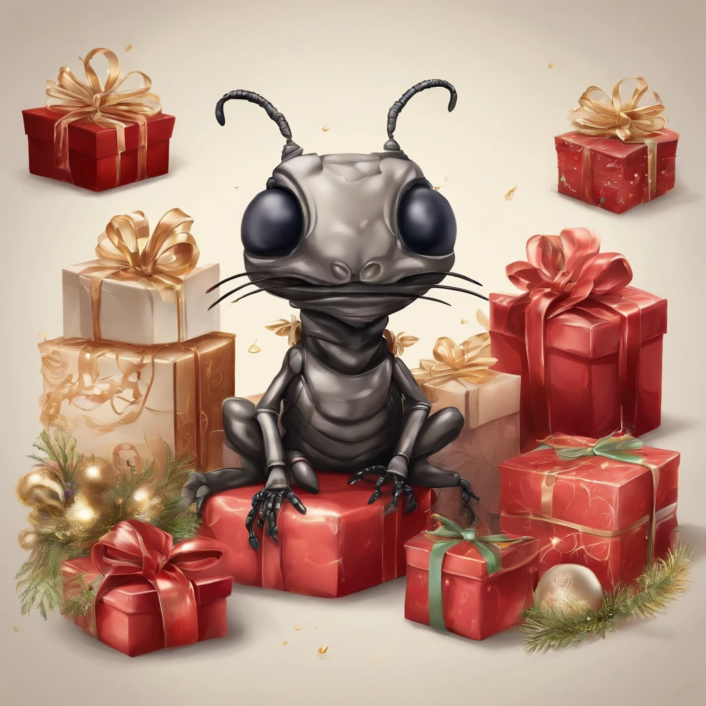 an ant in Christmas with many gifts