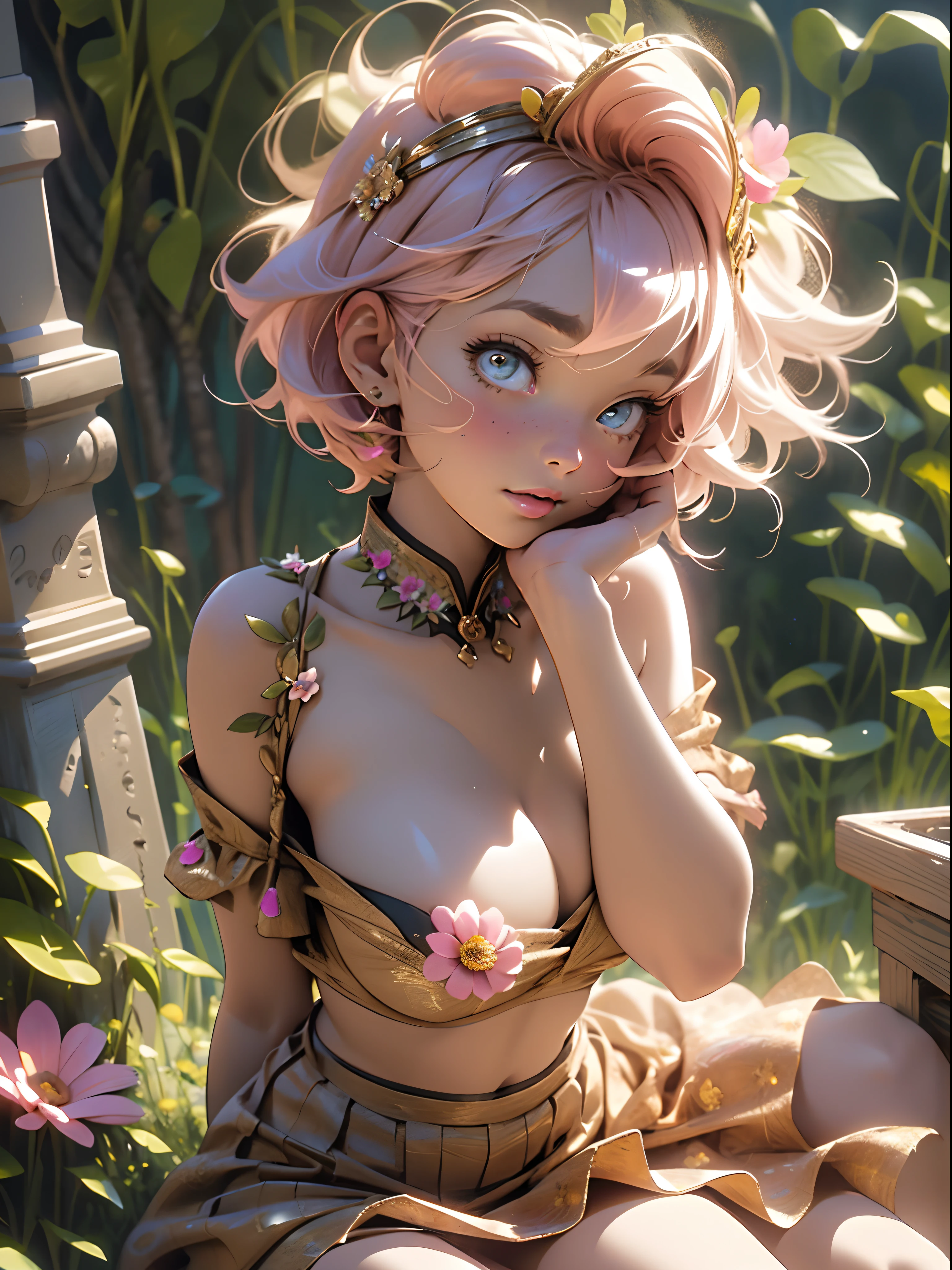 18 year old beautiful girl, masterpiece, best quality, 8K animation, detailed fingers, precise fingers, not unnatural hands, illustration, 1 girl, solo, pink bob cut, gold crown, flower hair ornament, sagging eyes, red mini skirt, YUI, gigantic breast