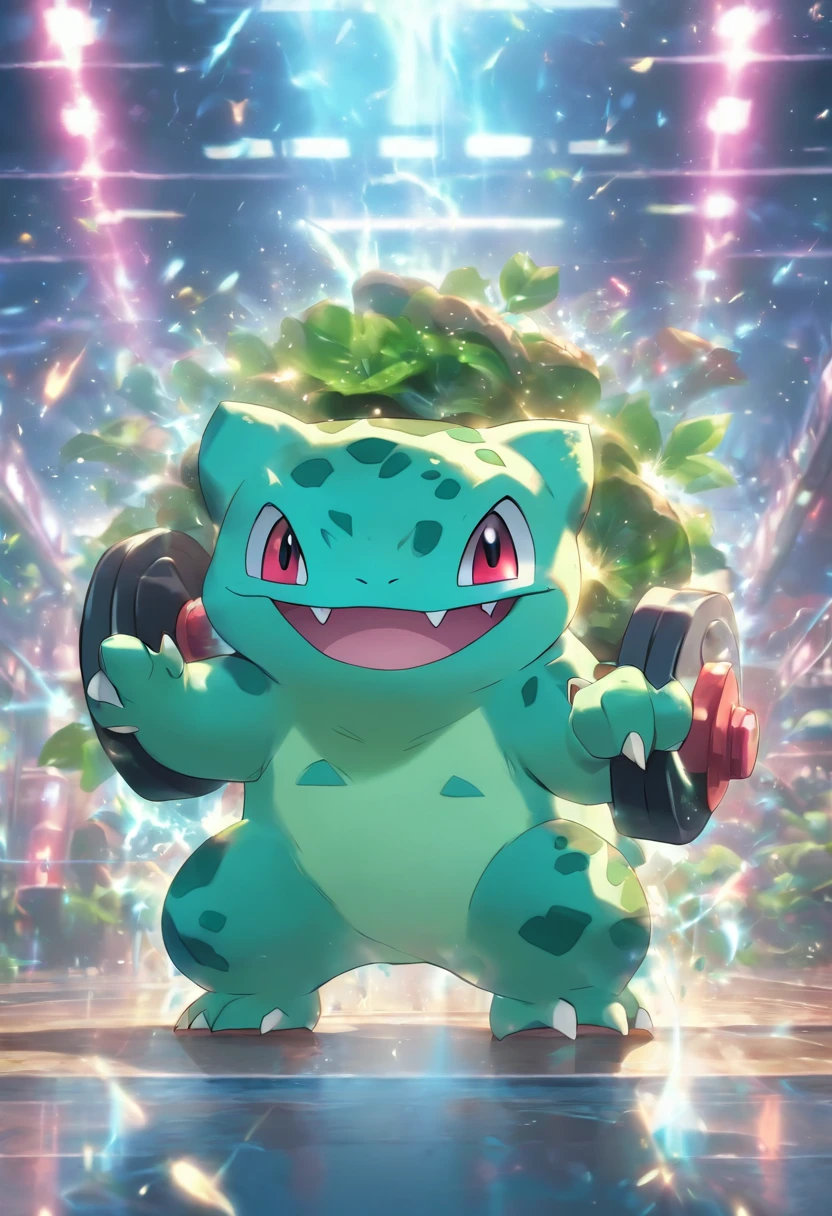 Bulbasaur is lifting weights，Highest image quality，Cinematic texture，A masterpiece，tmasterpiece，