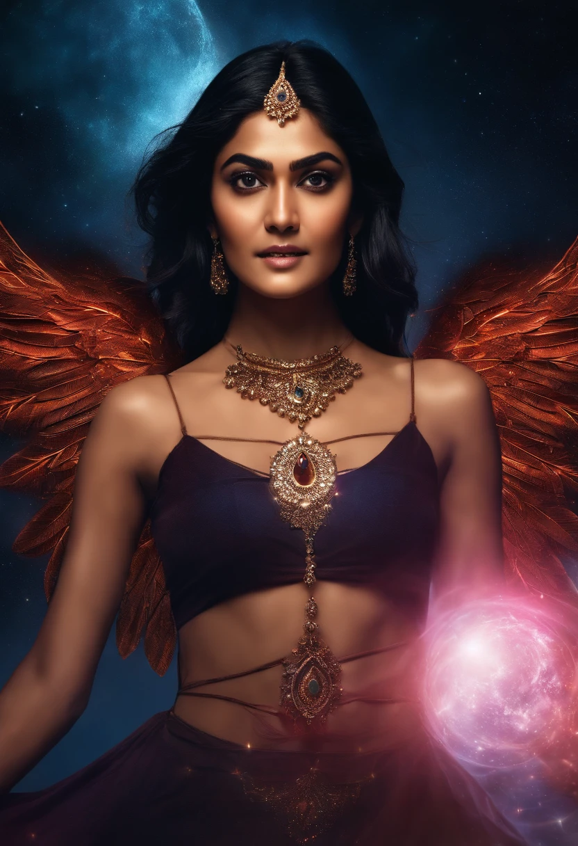 ((actress mrunal thakur)), Cosmic Fallen Angel, glowing light eyes, Biomechanical, eerie, Creepy, nightmarish, Very bright colors, Light particles, with light glowing, Mshiff, wallpaper art, UHD wallpaper