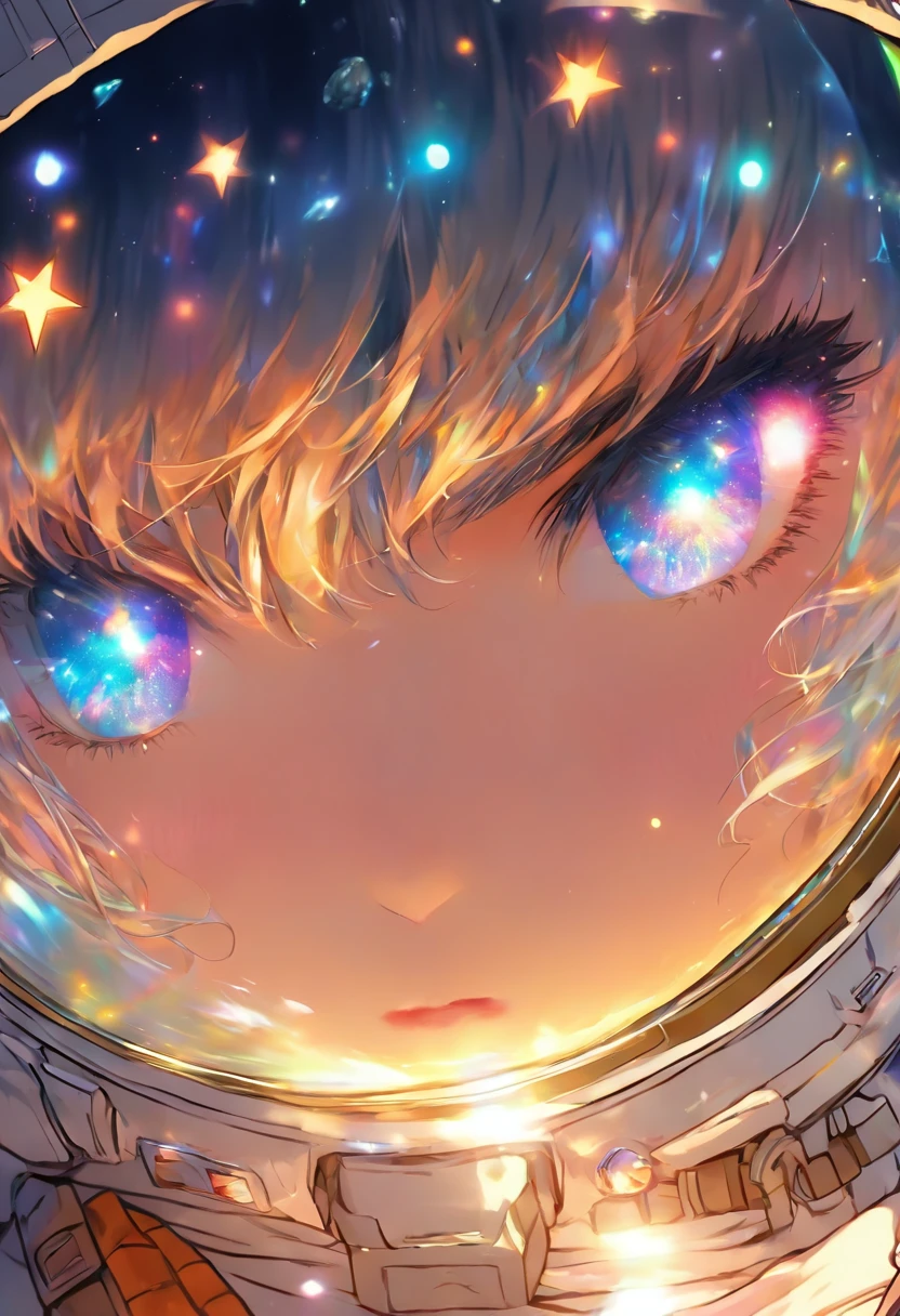 (A masterpiece of better quality in close-up:1.5)0.9], (Weltraum und Astronaut:1.2) (Unordentliches silbernes Haar:1.1) (gelbe Augen mit Heterochromie und blaue Augen:1.2) (Weltraum-Helm:1.0) (farbige Sterne in den Augen:1.0) (Strahlendes Licht:1.1) (big lips:0.9)