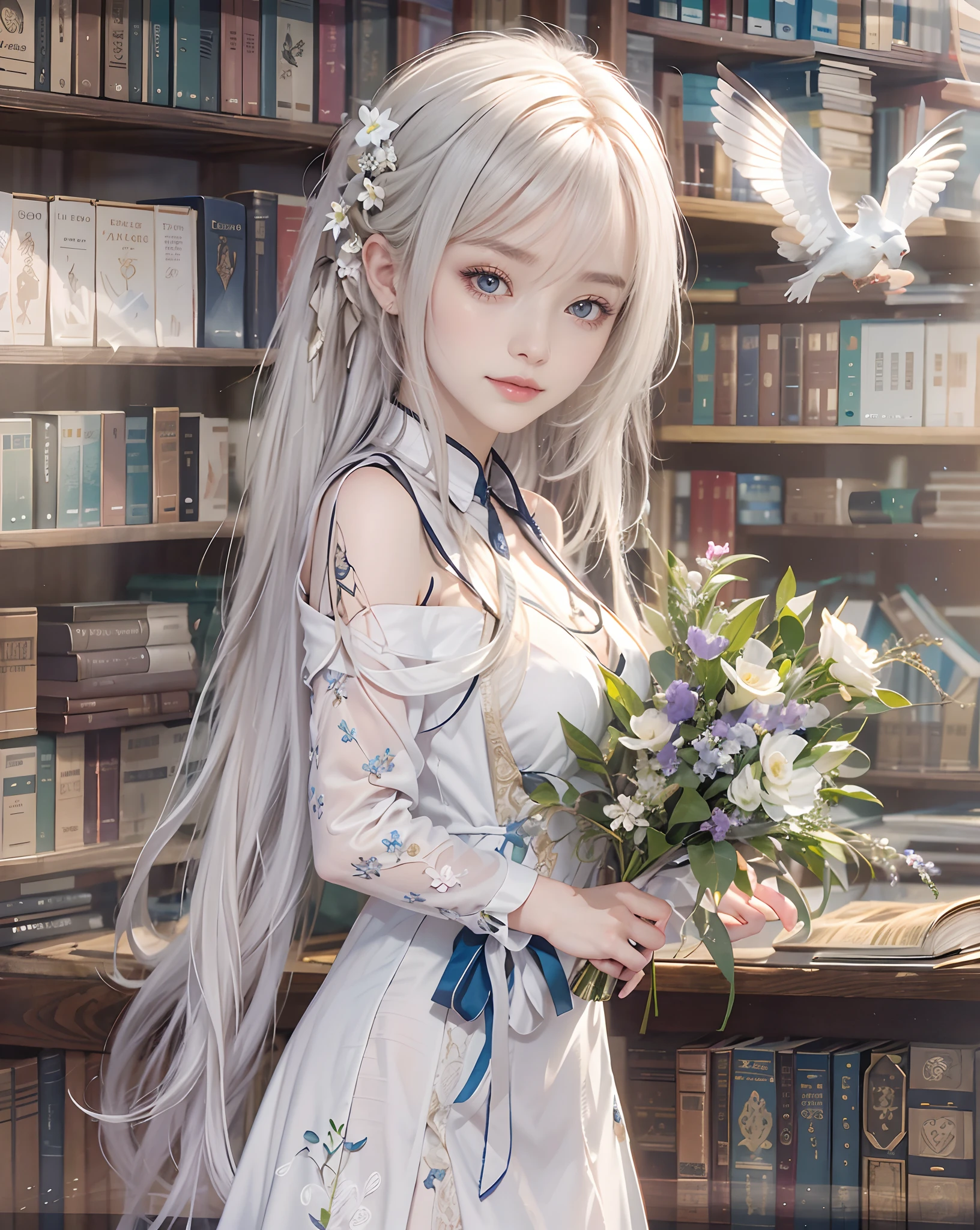 masutepiece、hight resolution、Library Reception、Library staff、scrivener、30-year-old girl、1Girl clerk、Looking at the camera、smil、Finish as shown in the photo、Flowers and girls、the skin is white and beautiful、Hair is long and beautiful、inner colored、Hair should be tied back、A slender、legs are thin and beautiful、No plaque required、