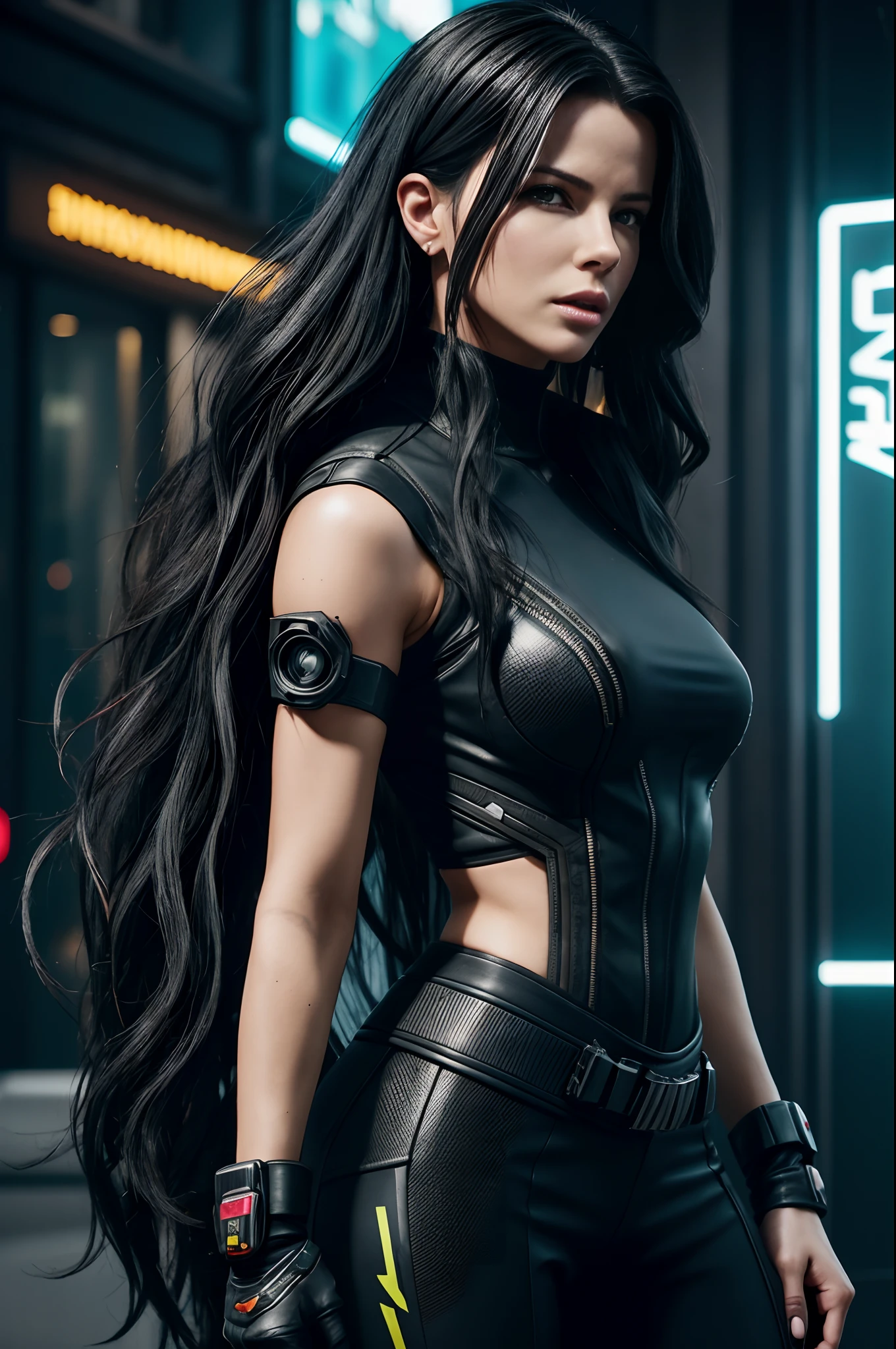black-haired, woman's, long wild hair, The head of cyberpunk, dressed in a black business suit, DIRECTOR, cyberpunk 2077, Green eyes, dynamicpose, High-end experience, caucasian, White Skin Skin, character art, Kate Beckinsale's doppelganger, age 35