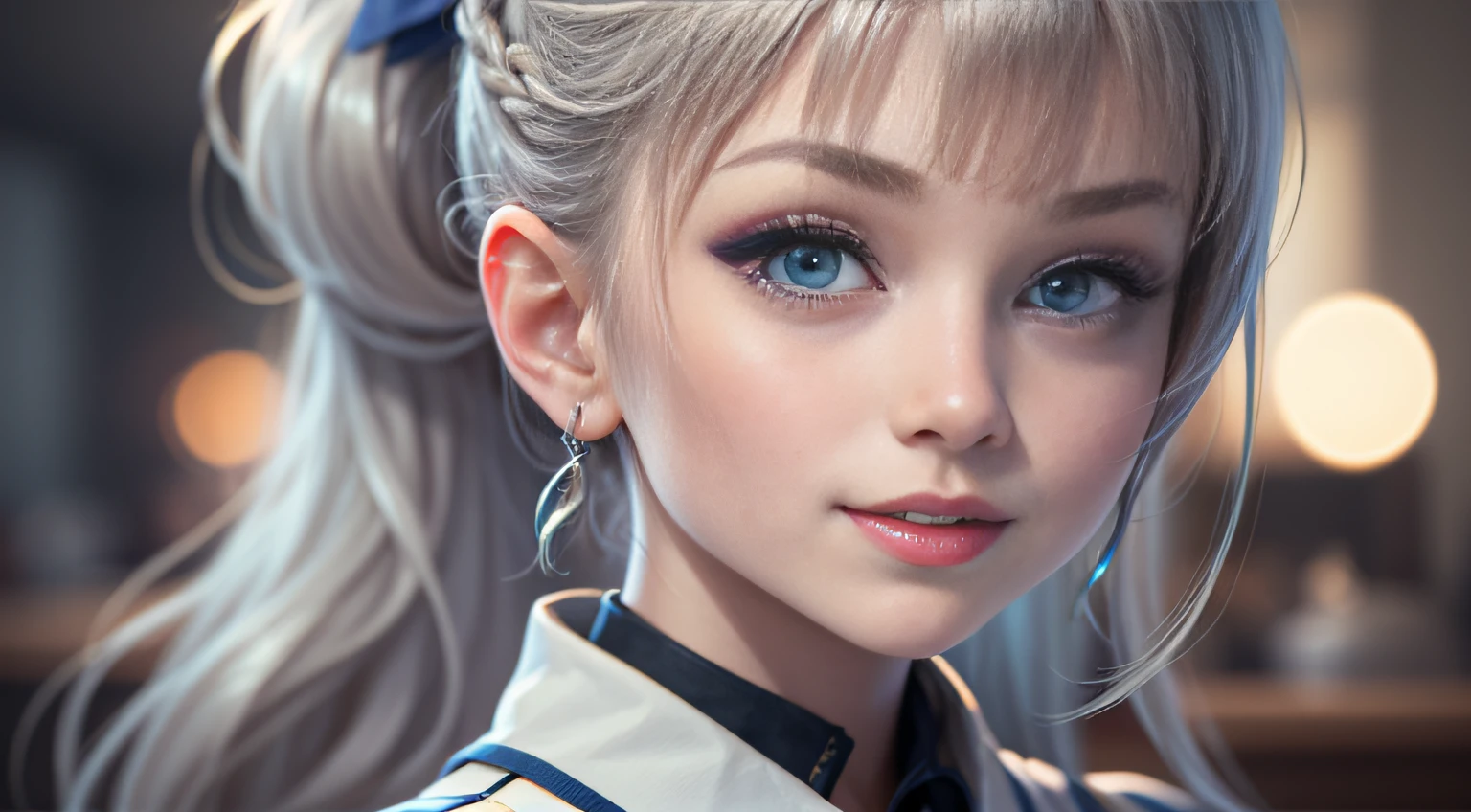 ２17 year old girl in man, Blonde hair, Silver hair, Brown hair, Black hair, braid, Bangs, Blunt bangs, braided ponytails, hair over shoulder, Long hair, Ponytail, braided bun, hair one side up, Low ponytail, Hairpin, shairband, bow ribbon, hair scrunchie, white hairband, Head Leasing, aqua eyes, wide eyes, PUPILS SPARKLING, wide eyed, makeup, Open mouth, Smile, lightsmile, Parted lips, smiley, glint, Ashcan School, surrealism, One-person viewpoint, Sideways, wide angles, F/1.8, 35 mm, canon, nffsw, retinas, masutepiece, ccurate, Anatomically correct, Textured skin, Super Detail, high details, High quality, Best Quality, hight resolution, 1080p, hard disk, 4K, 8K、（２People Girls）Short sleeve、White blouses、Dark blue edging、Collar shirt、Ribbon Ties、Knee-length skirt、Skirt with folds、Navy Inspire、Nauticle Color、（Japanese schoolgirl outfit）、Blazer Style Uniform、