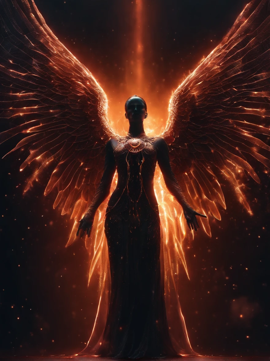 Cosmic Fallen Angel, glowing light eyes, Biomechanical, eerie, Creepy, nightmarish, Very bright colors, Light particles, with light glowing, Mshiv, wallpaper art, UHD wallpaper