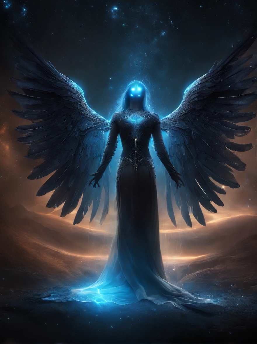 Cosmic Fallen Angel, glowing light eyes, Biomechanical, eerie, Creepy, nightmarish, Very bright colors, Light particles, with light glowing, Mshiv, wallpaper art, UHD wallpaper