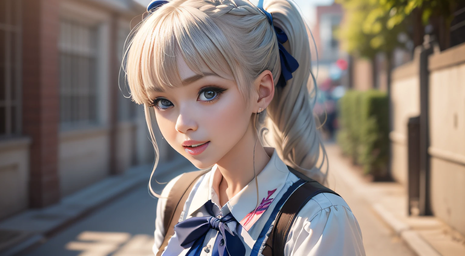 ２17 year old girl in man, Blonde hair, Silver hair, Brown hair, Black hair, braid, Bangs, Blunt bangs, braided ponytails, hair over shoulder, Long hair, Ponytail, braided bun, hair one side up, Low ponytail, Hairpin, shairband, bow ribbon, hair scrunchie, white hairband, Head Leasing, aqua eyes, wide eyes, PUPILS SPARKLING, wide eyed, makeup, Open mouth, Smile, lightsmile, Parted lips, smiley, glint, Ashcan School, surrealism, One-person viewpoint, Sideways, wide angles, F/1.8, 35 mm, canon, nffsw, retinas, masutepiece, ccurate, Anatomically correct, Textured skin, Super Detail, high details, High quality, Best Quality, hight resolution, 1080p, hard disk, 4K, 8K、（２People Girls）Short sleeve、White blouses、Dark blue edging、Collar shirt、Ribbon Ties、Knee-length skirt、Skirt with folds、Navy Inspire、Nauticle Color、（Japanese schoolgirl outfit）、Blazer Style Uniform、