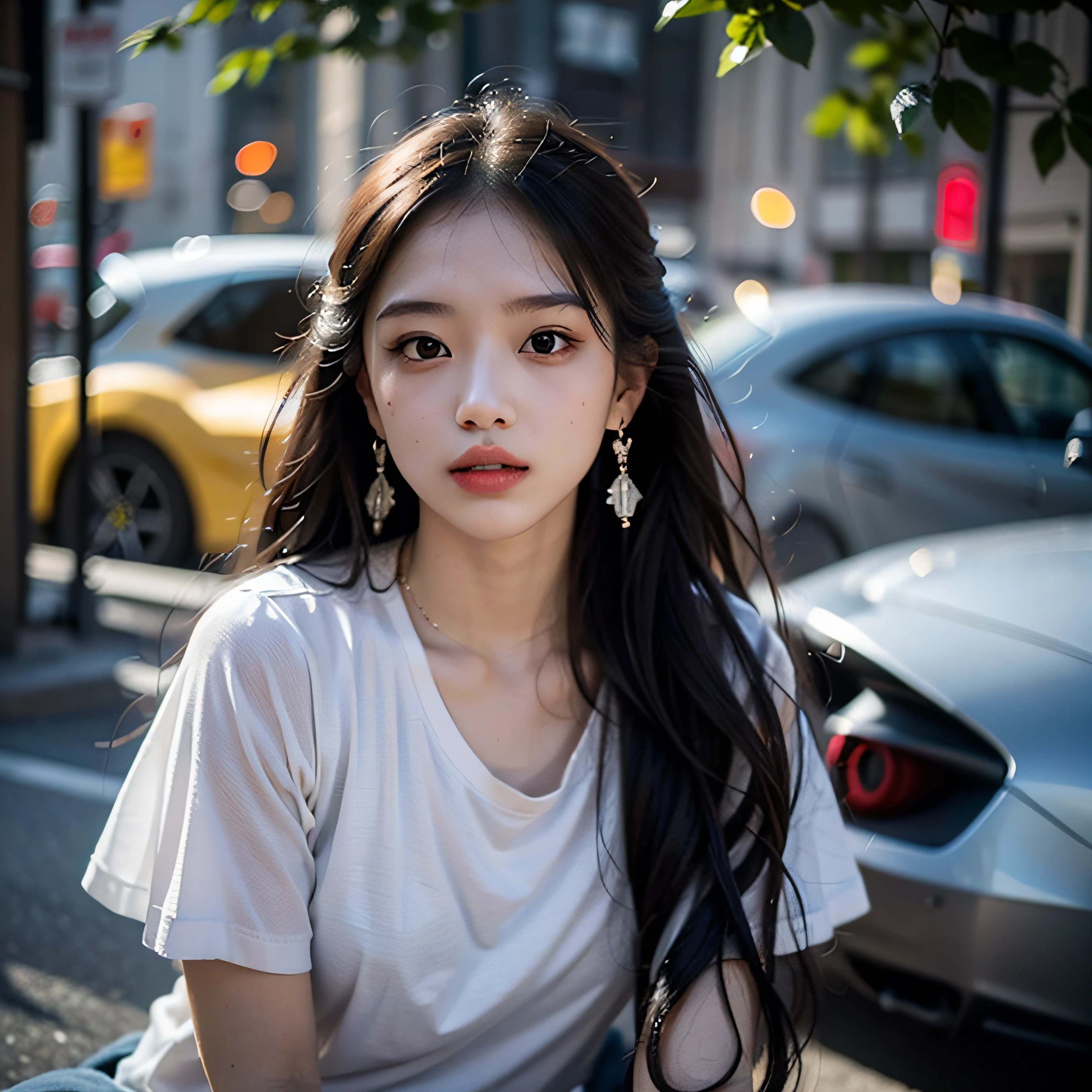 of the highest quality, masutepiece, Ultra high definition, (Real: 1.4), Original photo, (Evening Street), 1 girl, Black eyes, gaze at the audience, Long hair, Light makeup, Beautiful lips, small ears, White T-shirt, Denim shorts, earrings, Sitting Ferrari,, slim, neat, Park