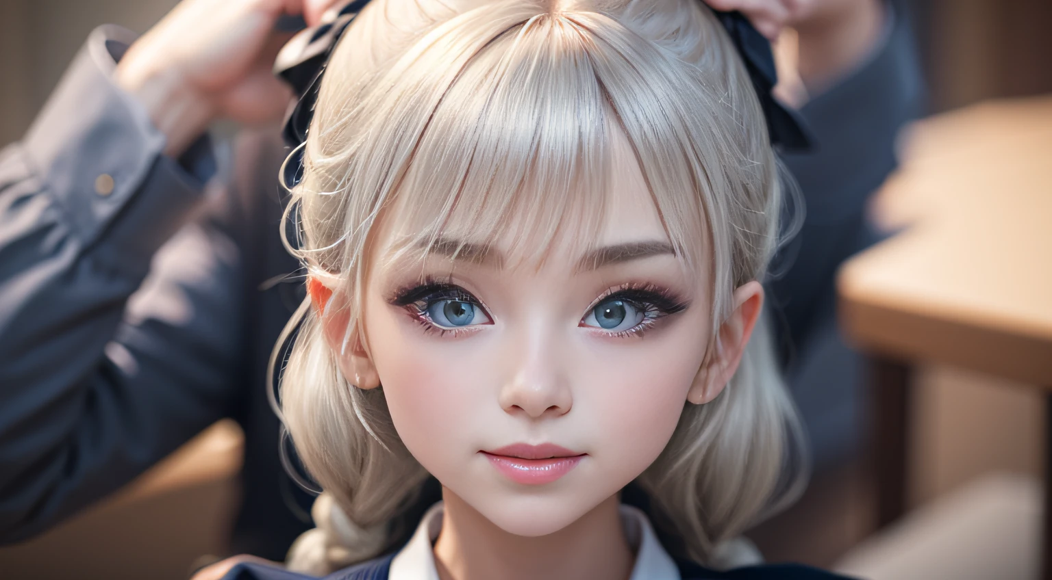 portrait、masterpiece:1.3、one girl、Upper body、Upper body、baby face、natural look、very cute、charming eyes、small breasts、platinum blonde hair、短いtwin tails、twin tails、plump lips、no makeup、luxury shirt with lace、black shirt、RAW photo、最high quality、High resolution、Super detailed、high quality、Detailed details、8k、(((blurred background、gray walls、gray background、White world、studio:1.5、cinematic lighting、professional photographer)))