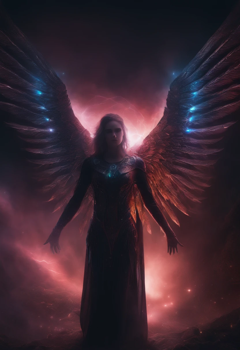 Cosmic Fallen Angel, glowing light eyes, Biomechanical, eerie, Creepy, nightmarish, Very bright colors, Light particles, with light glowing, Mshiff, wallpaper art, UHD wallpaper