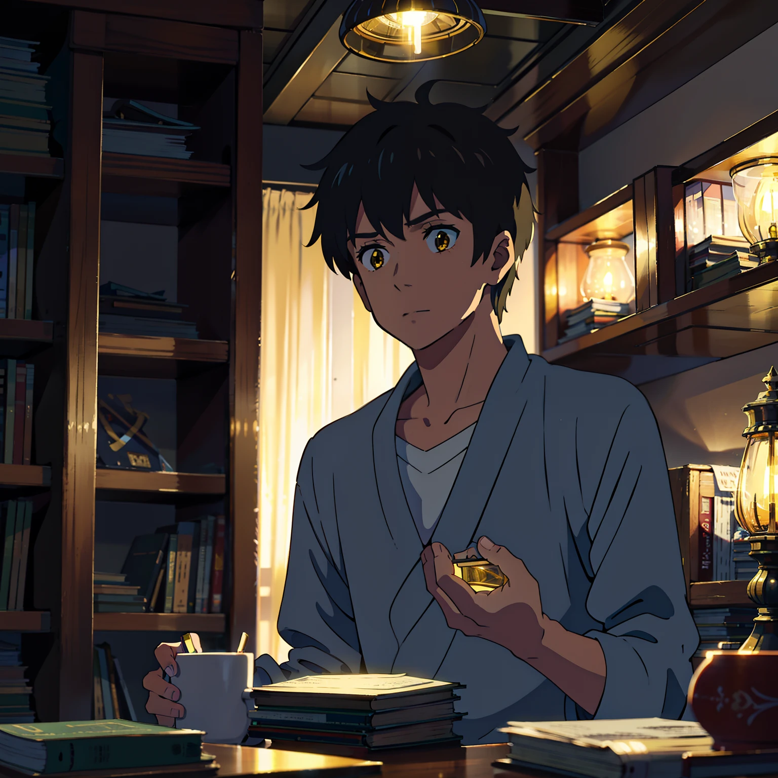 Calm simple boy, 20 yo, Books reading, fantasy yellow lights , Anime, dark, night, dramatic, cinematic, ambiance