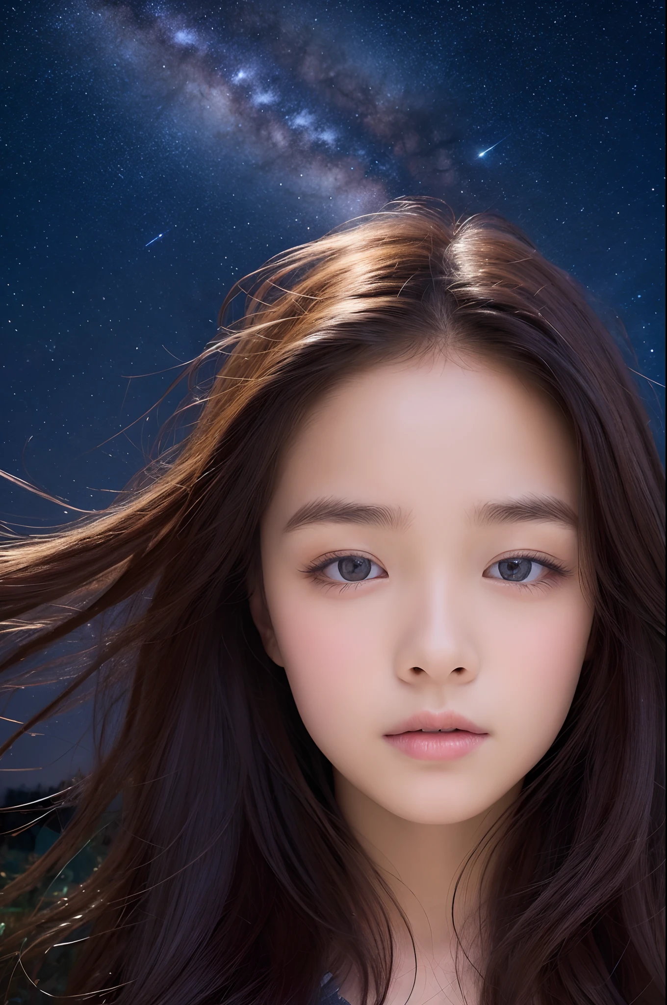 8K、12-year-old beautiful girl, flower  field, Sleep lying on your back, Long hair, Night, Starry sky、A detailed face