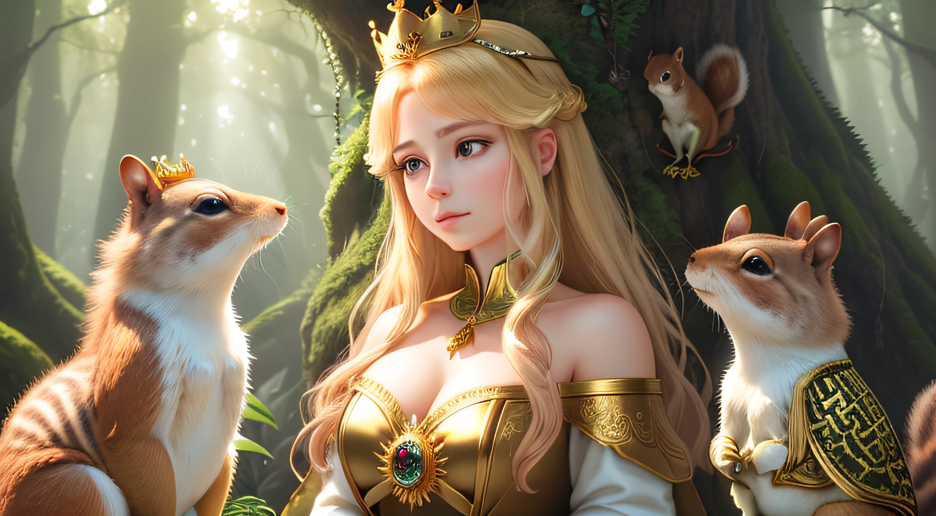 Everything is rendered in 8K ultra-high detail, and the lifelike essence of the enchanted forest scene. a gold crown with highly detailed gemstones, placed on a moss-covered stone , Everything is rendered in 8K ultra-high detail, and the lifelike essence of the enchanted forest scene Princess Lila golden hair she 18 year old, surrounded by the squirrel, frog, and bird, placing the golden crown back on its pedestal, a beam of light shining upon them