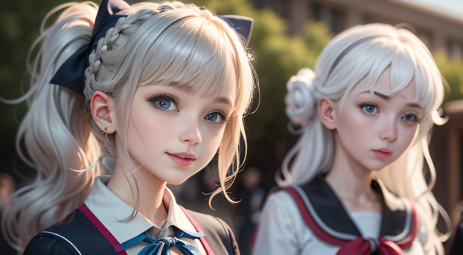 Three 17-year-old girls, 28-year-old woman, Blonde hair, Silver hair, Brown hair, Black hair, braid, Bangs, Blunt bangs, braided ponytails, hair over shoulder, Long hair, Ponytail, braided bun, hair one side up, Low ponytail, Hairpin, shairband, bow ribbon, hair scrunchie, white hairband, Head Leasing, aqua eyes, wide eyes, PUPILS SPARKLING, wide eyed, makeup, Open mouth, Smile, lightsmile, Parted lips, smiley, glint, Ashcan School, surrealism, One-person viewpoint, Sideways, wide angles, F/1.8, 35 mm, canon, nffsw, retinas, masutepiece, ccurate, Anatomically correct, Textured skin, Super Detail, high details, High quality, Best Quality, hight resolution, 1080p, hard disk, 4K, 8K、(Three Girls)Short sleeve、White blouses、Dark blue edging、Colored shirts、Ribbon Ties、Knee length skirt、Skirt with folds、Naval Inspire、Nauticle Color、(Japan schoolgirl outfit)、Blazer Style School Uniform、
