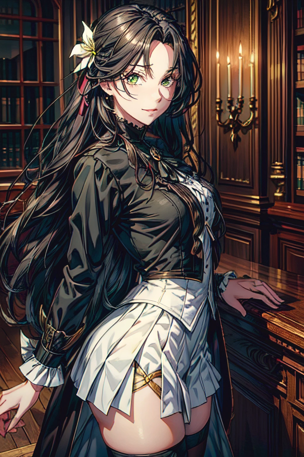 masterpiece, best quality, absurdres, half-body portrait, 1girl, human, female, black hair, long hair, green eyes, long black coat, winged shaped hair pin, beauty mark under right eye, white shirt, silver cravat, black skirt, tennis skirt, black stockings, smirking, looking at viewer, standing, arms at sides, (Charming 1.2), (Frivolous expression 1.2), aristocrat, magus, Fate/Grand Order, hair flower