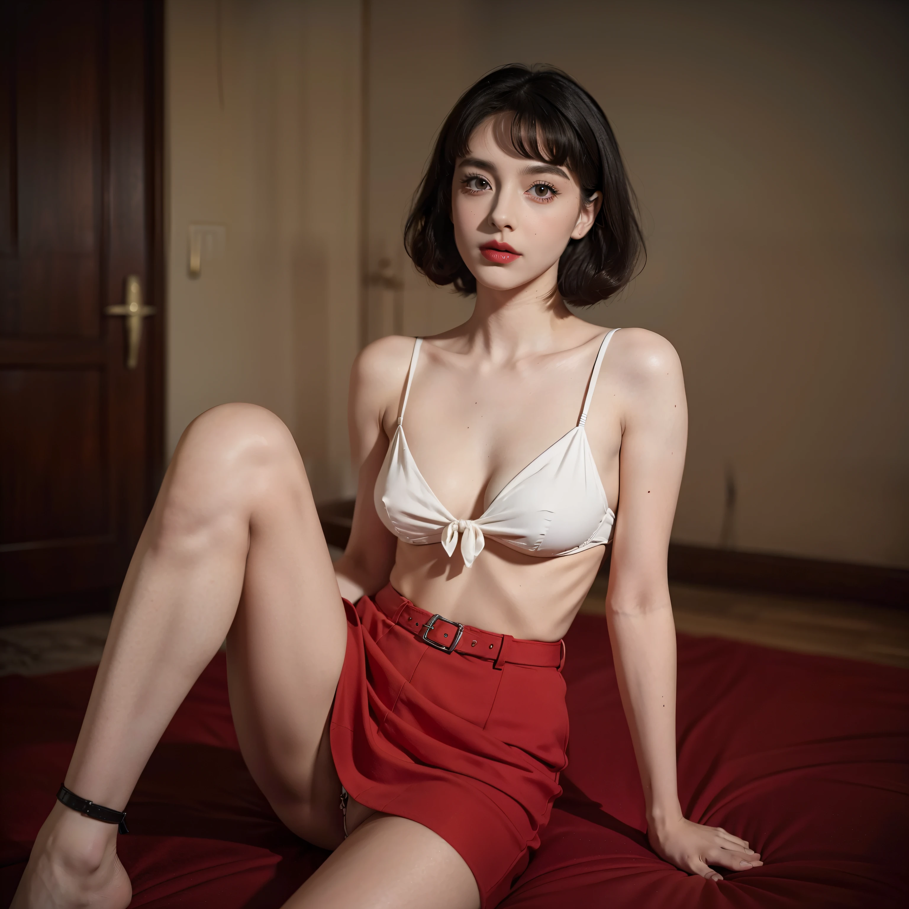 Mallory Malone's costume description is very detailed, Unique and interesting style. toppless,barechested,、A fitted black knee-length skirt with red accents creates a striking visual contrast. The addition of a black heel with ankle strap is、Adds a classy touch to the look. Apart from clothes, Vintage 1950s Bob Hairstyles、Adds a retro and timeless element to Mallory Malone's style. This type of hairstyle is、Known for its neat and short appearance, Typically、Jaw length with both ends turned inward. This hairstyle selection is、Add a vintage touch to the look、Complements Mallory's overall style. Makeup also plays an important role in the appearance of Mallory Malone. Although there are no specific details about makeup mentioned in the description, It is possible to imagine that she may be rocking a 1950s-inspired look.Happy,I see underwear,taking off shirt,Chest exposed,barechested,Spread your legs apart,