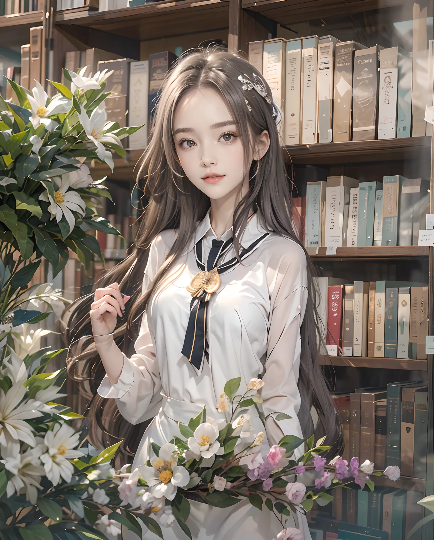 masutepiece、hight resolution、Library Reception、Library staff、scrivener、30-year-old girl、1Girl clerk、Looking at the camera、smil、Finish as shown in the photo、Flowers and girls、the skin is white and beautiful、Hair is long and beautiful、inner colored、Hair should be tied back、A slender