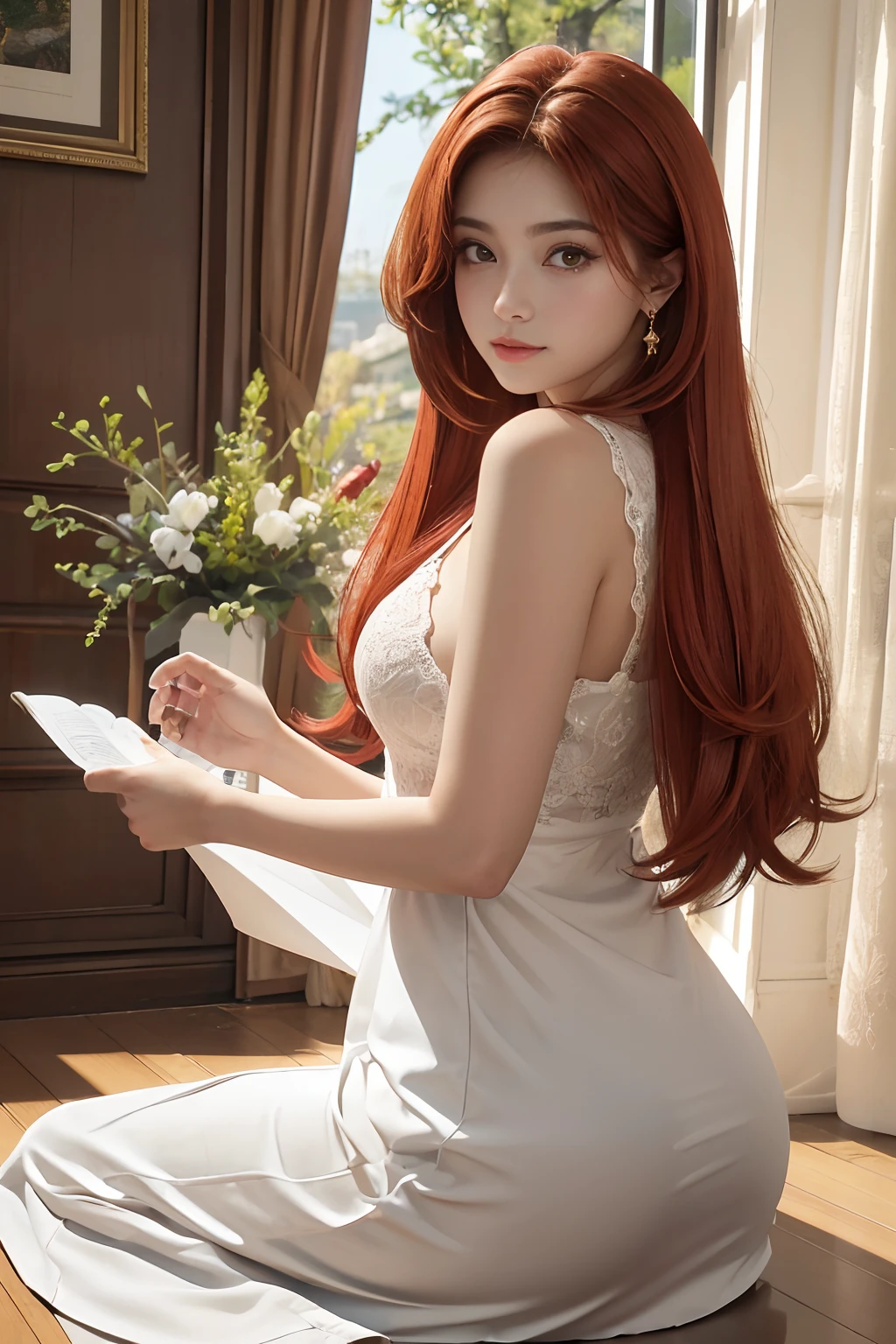 ((solo girl)), red hair, ((long hair)), ((ponytail hairstyle)), ahoge, yellow eyes, (large breasts), cleavage, two hands, two legs, white skintight latex, lace corset, pupils sparkling, longeyelashes, super detail, best quality, highres, UHD, textured skin, ((indooredroom)), laying on bed, ((cute room)), (from below), (looking at viewer)), ((evil smile)), five finger on each hand,