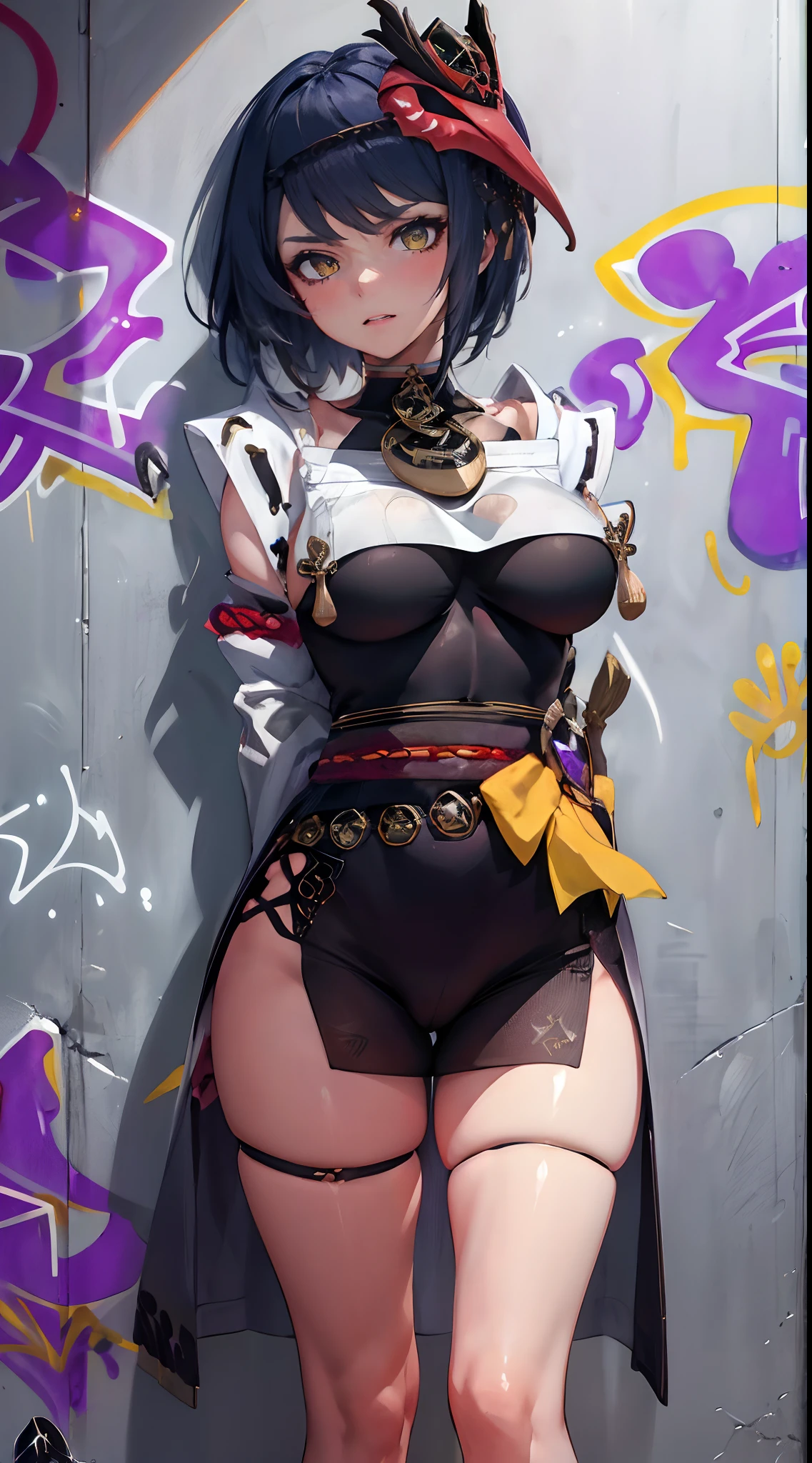 Kujou Sara Genshin Effect, masterpiece, bestquality, 1girls, oversized breasts, bara, choker, (Graffiti:1.5), Splash with purple lightning pattern., arm behind back, against wall, View viewers from the front., Thigh strap, Head tilt, bored, water eyes,
