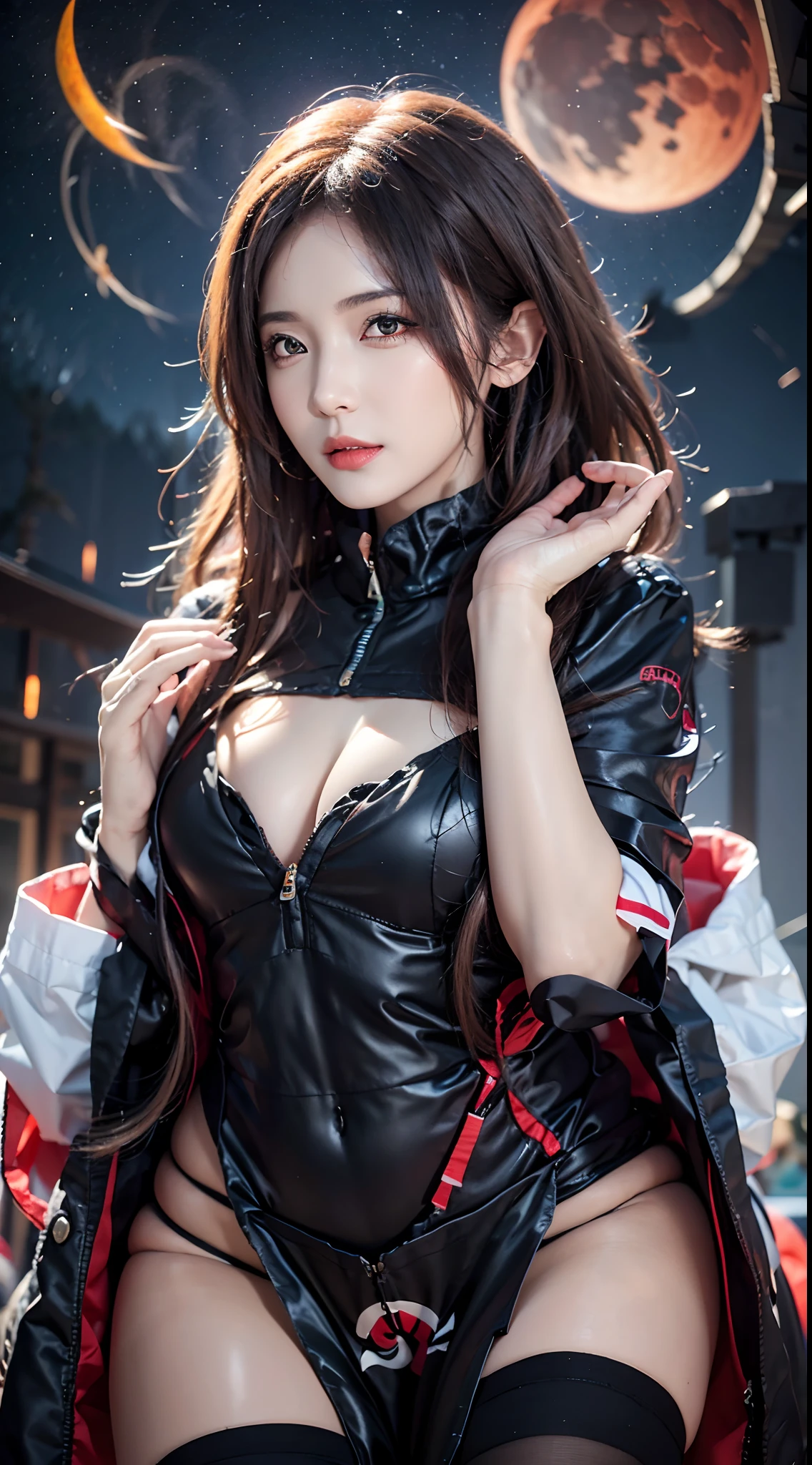 photorealistic,high resolution,soft light,1women,hips up, sharingan eyes, (red eyes, glowing eyes), AKATSUKI OUTFIT, ninja, black cloak, black coat, forehead protector, (collarbone), sidelocks , head, night, night sky, crescent moon, (red moon, crow)