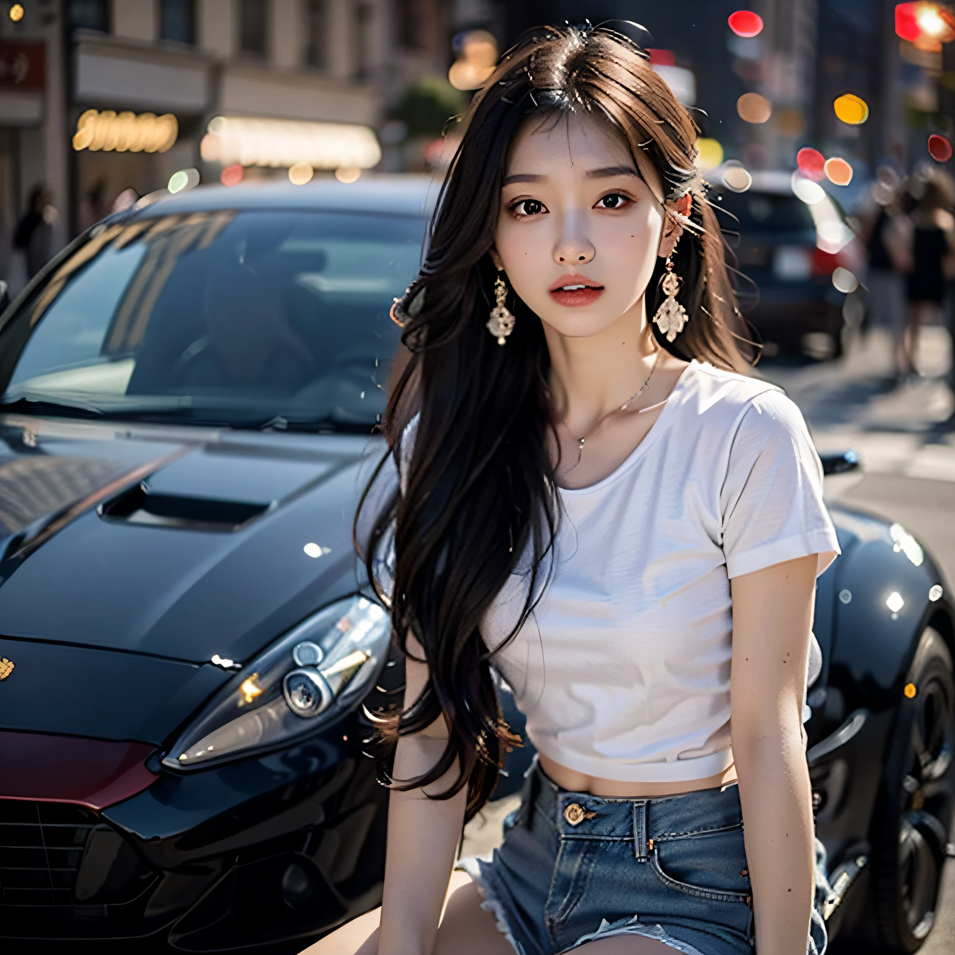 of the highest quality, masutepiece, Ultra high definition, (Real: 1.4), Original photo, (Evening Street), 1 girl, Black eyes, gaze at the audience, Long hair, Light makeup, Beautiful lips, small ears, White T-shirt, Denim shorts, earrings, Sitting Ferrari,, slim, neat, Park