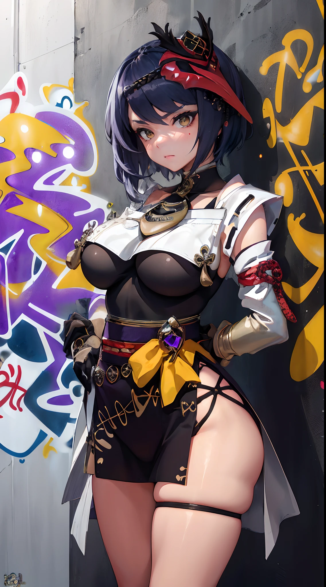 Kujou Sara Genshin Effect, masterpiece, bestquality, 1girls, oversized breasts, bara, choker, (Graffiti:1.5), Splash with purple lightning pattern., arm behind back, against wall, View viewers from the front., Thigh strap, Head tilt, bored, water eyes,