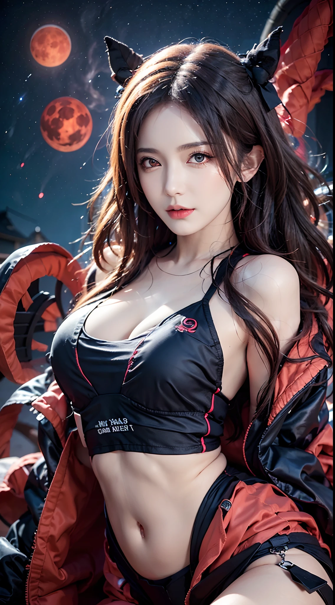 photorealistic,high resolution,soft light,1women,hips up, sharingan eyes, (red eyes, glowing eyes), AKATSUKI OUTFIT, ninja, black cloak, black coat, forehead protector, (collarbone), sidelocks , head, night, night sky, crescent moon, (red moon, crow)