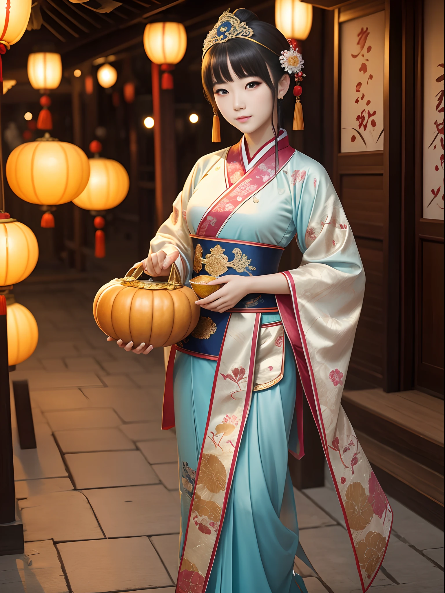 China-style,Tang Dynasty Maiden,Hanfu,Cute and cute,Take a bunch of sugar gourds,eery,The lively streets of Chang'an,(Full body like:1.4),Detailed and accurate,depth of fields,8K,A high resolution,tmasterpiece,Beautiful wallpapers,high qulity,high detal,s the perfect face,offcial art,blur backgroun, --Niji 5 --Q 2