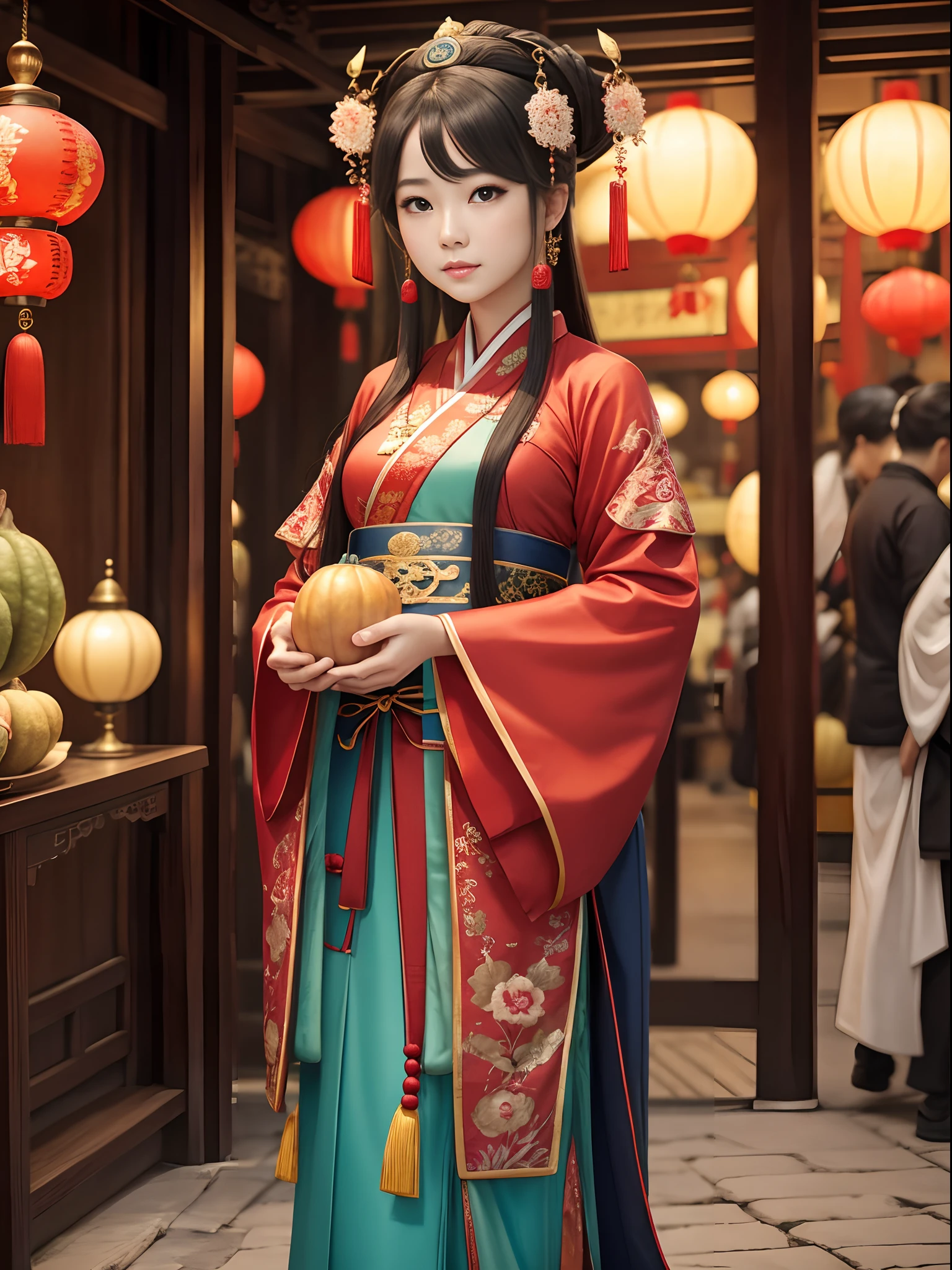 China-style,Tang Dynasty Maiden,Hanfu,Cute and cute,Take a bunch of sugar gourds,eery,The lively streets of Chang'an,(Full body like:1.4),Detailed and accurate,depth of fields,8K,A high resolution,tmasterpiece,Beautiful wallpapers,high qulity,high detal,s the perfect face,offcial art,blur backgroun, --Niji 5 --Q 2