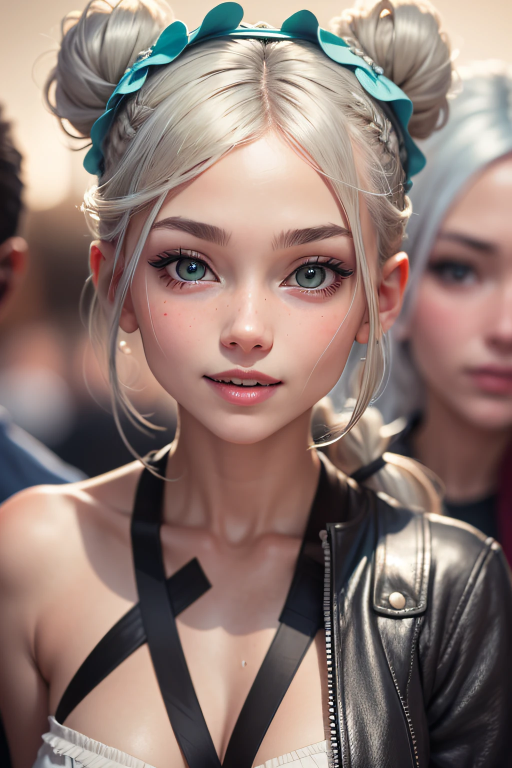 Three 17-year-old girls, one 28-year-old woman, blonde hair, silver hair, brown hair, black hair, braid, bangs, blunt bangs, braided ponytail, hair over shoulder, long hair, ponytail, braided bun, hair one side up, low ponytail, hairpin, hairband, ribbon, hair scrunchie, white hairband, head wreath, aqua eyes, wide eyes, pupils sparkling, wide-eyed, makeup, open mouth, smile, light smile, parted lips, smiley, glint, Ashcan School, Surrealism, first-person view, sideways, Wide-Angle, f/1.8, 35mm, Canon, UHD, retina, masterpiece, ccurate, anatomically correct, textured skin, super detail, high details, high quality, best quality, highres, 1080P, HD, 4K, 8k