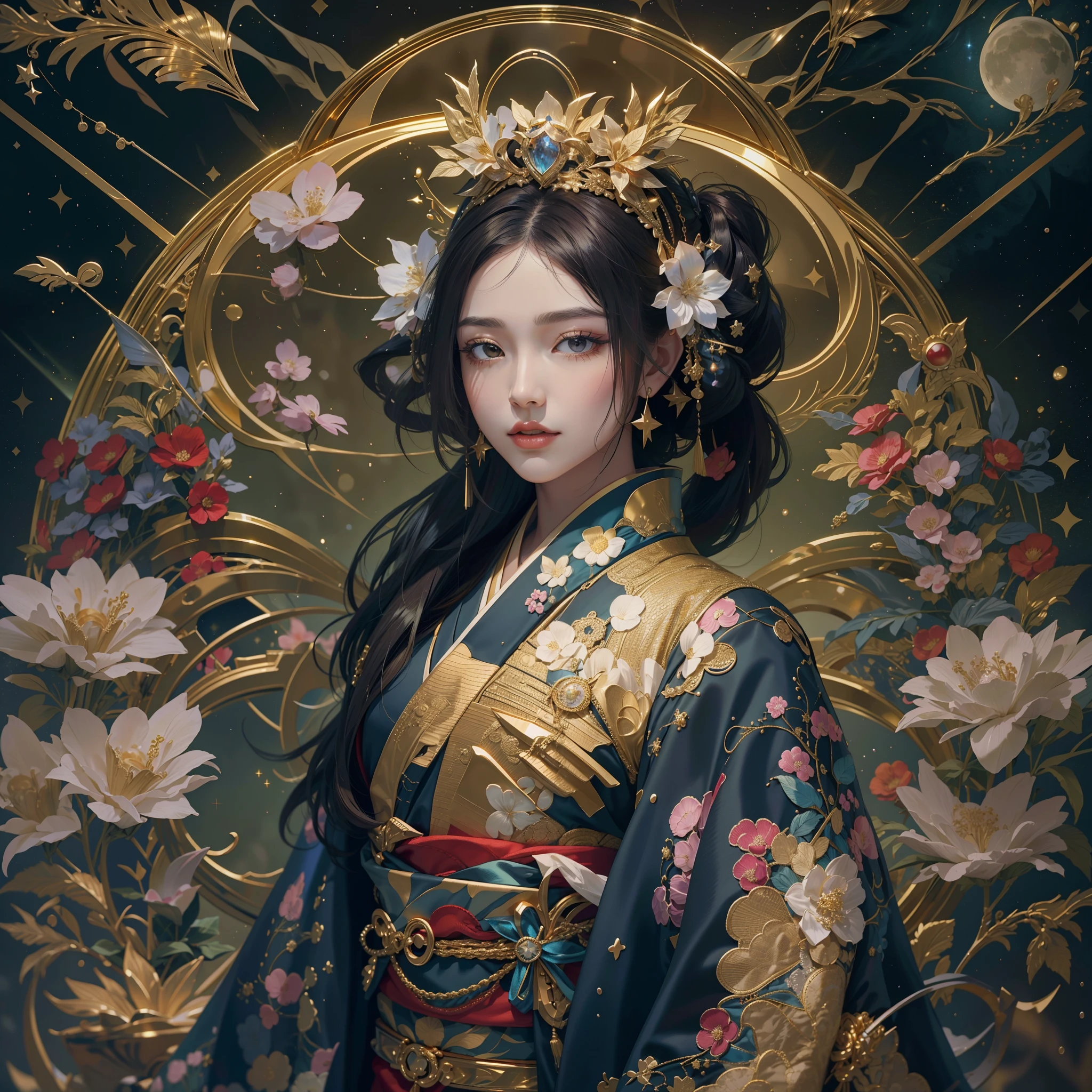 a moon、Detailed background(Detailed starry sky background),glossy dark hair,Ponytail BREAK,elaborate costume{Luxury kimono(Colorful kimono(Detailed golden embroidery,))}、face perfect,Depict a beautiful and graceful woman of Japan。Heart in the eye。 Wallpaper 8K, .Blur the background with a sickle,((masutepiece)), ((Best Quality)),{{a portrait photo of}}